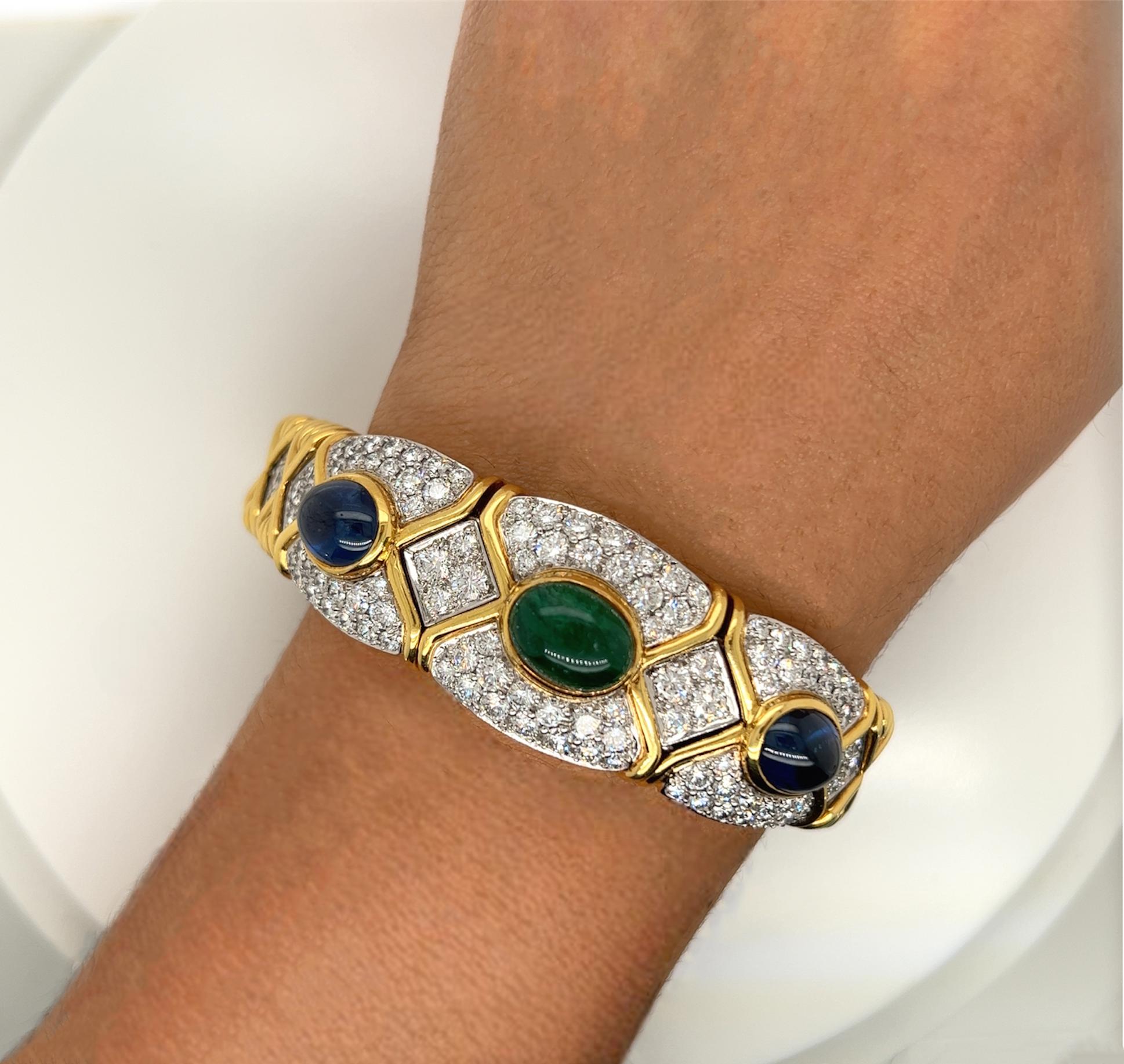 Bracelet multi-pierres en or jaune 18 carats avec saphir, meraude et diamants en vente 3