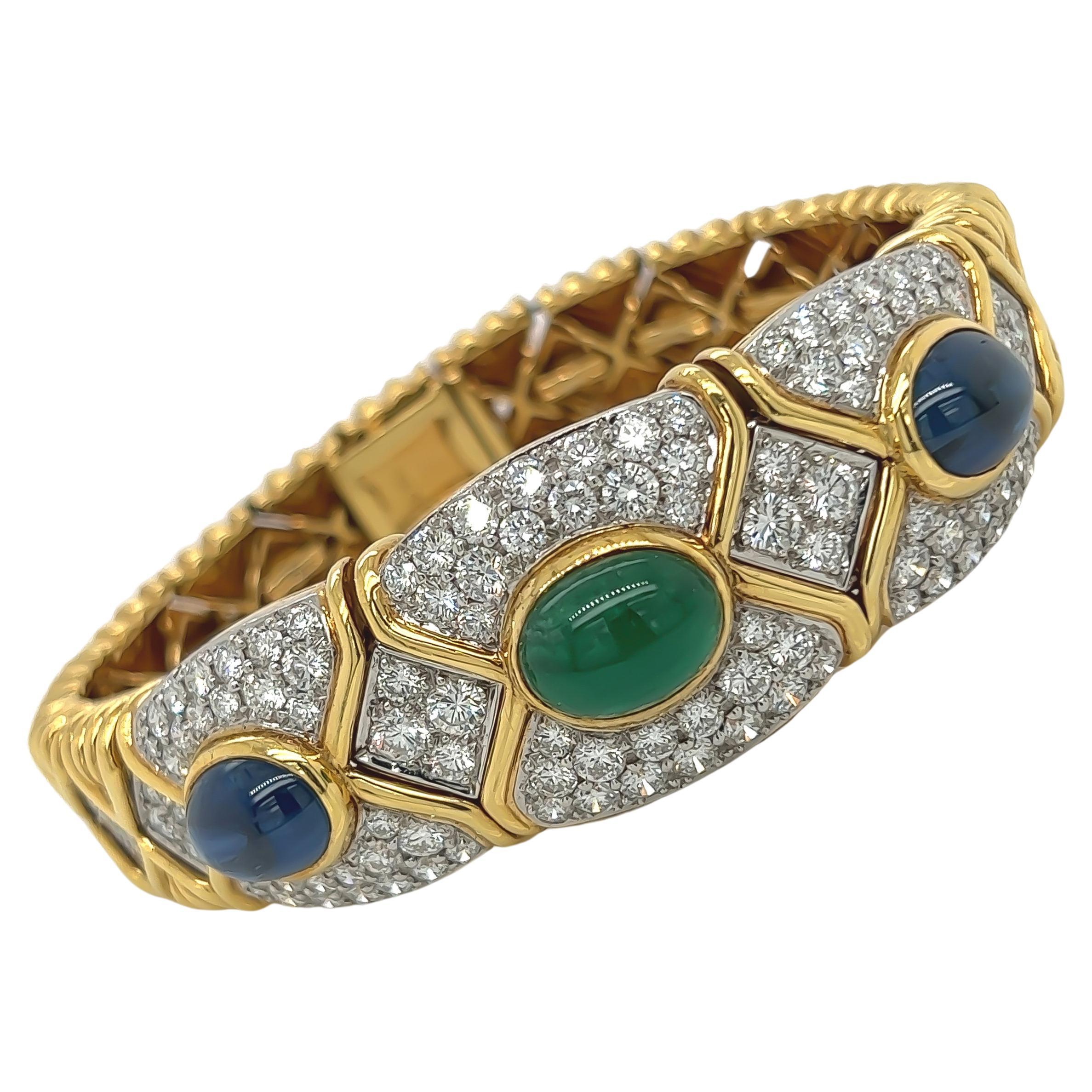 Sapphire, Emerald and Diamond Multi-Gemstone Bracelet in 18K Yellow Gold For Sale