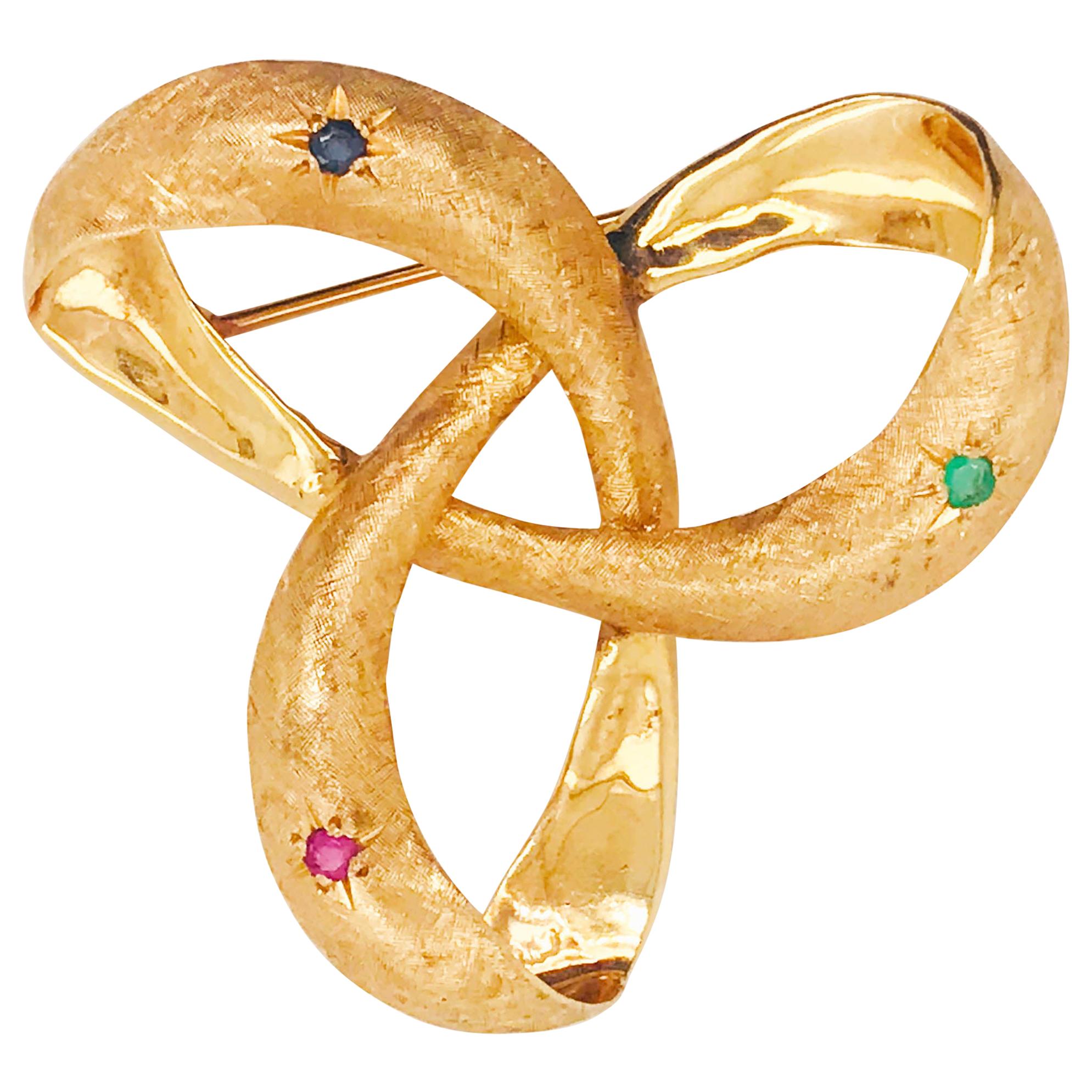 Gemstone Ribbon Brooch, Sapphire, Emerald, Ruby, Florentine Finish Pin, 14k Gold