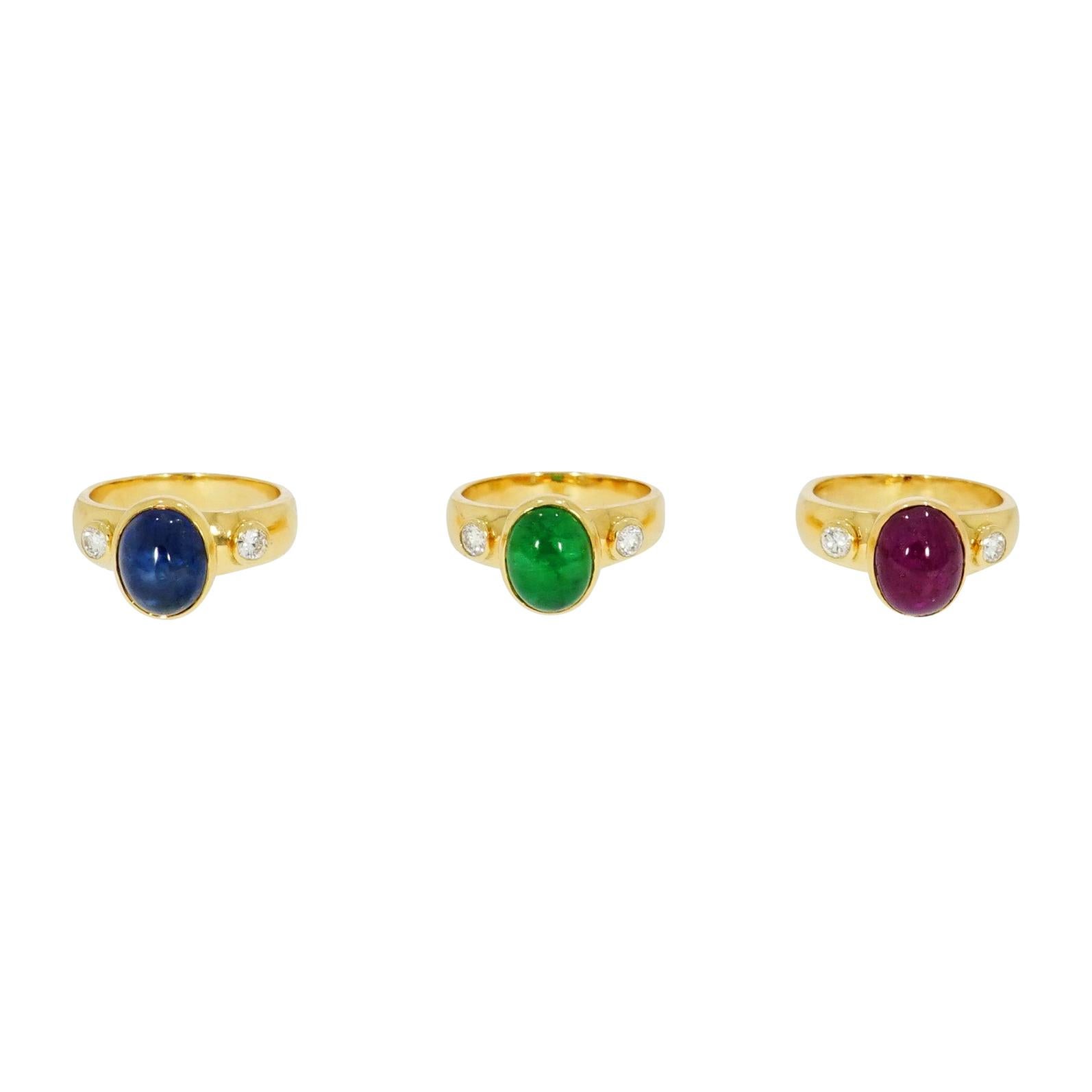 Sapphire, Emerald and Ruby Yellow Gold Set of 3 Rings