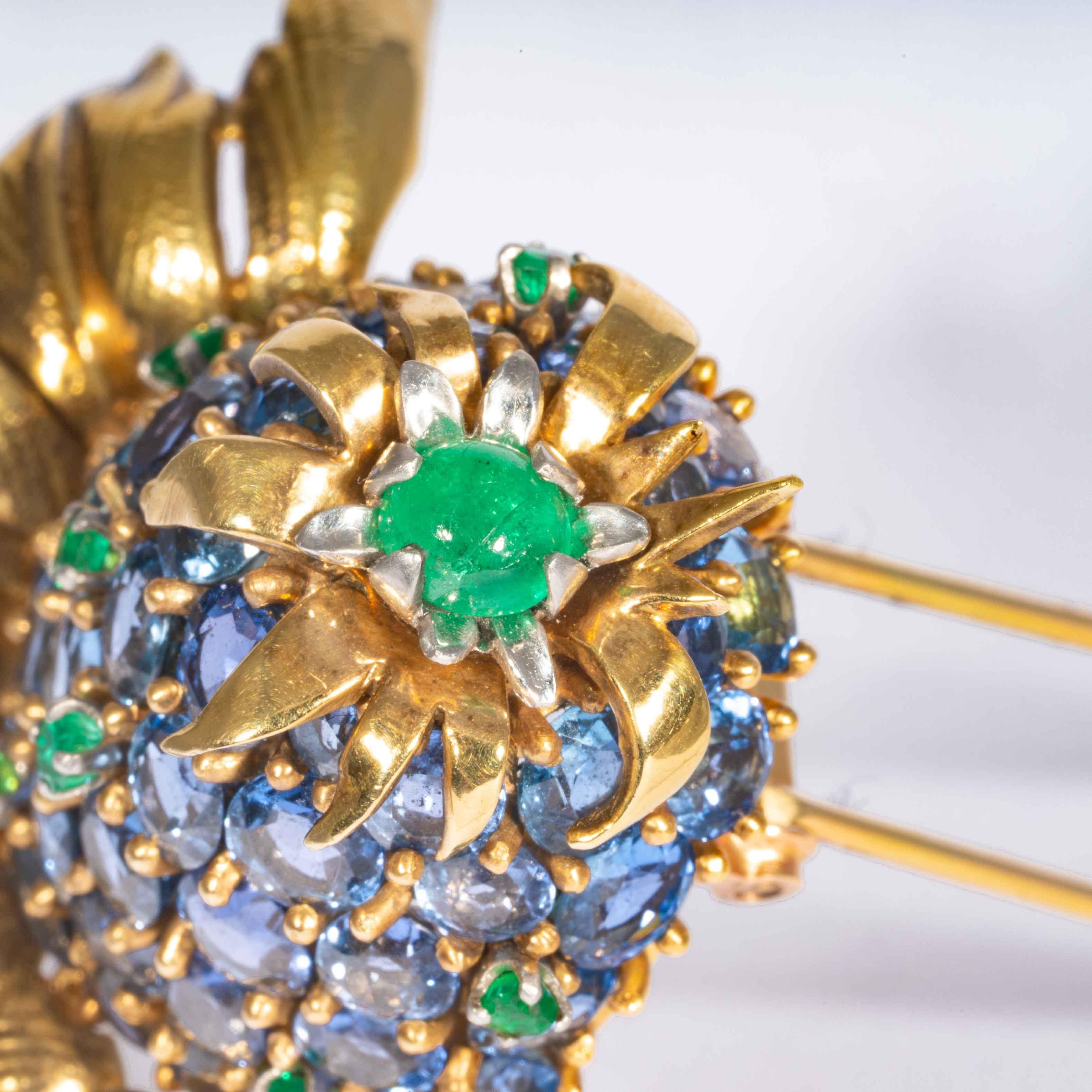 Brilliant Cut Schlumberger Tiffany Co. Sapphire, Emerald and Yellow Gold Thistle Brooch For Sale