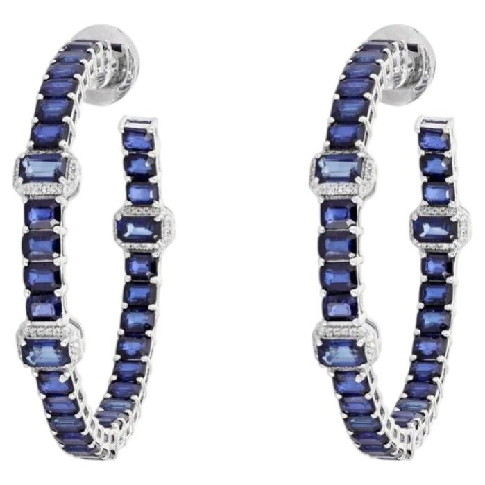 0.28ct Emerald Cut Sapphire 14K White Gold Hoop Earrings For Sale