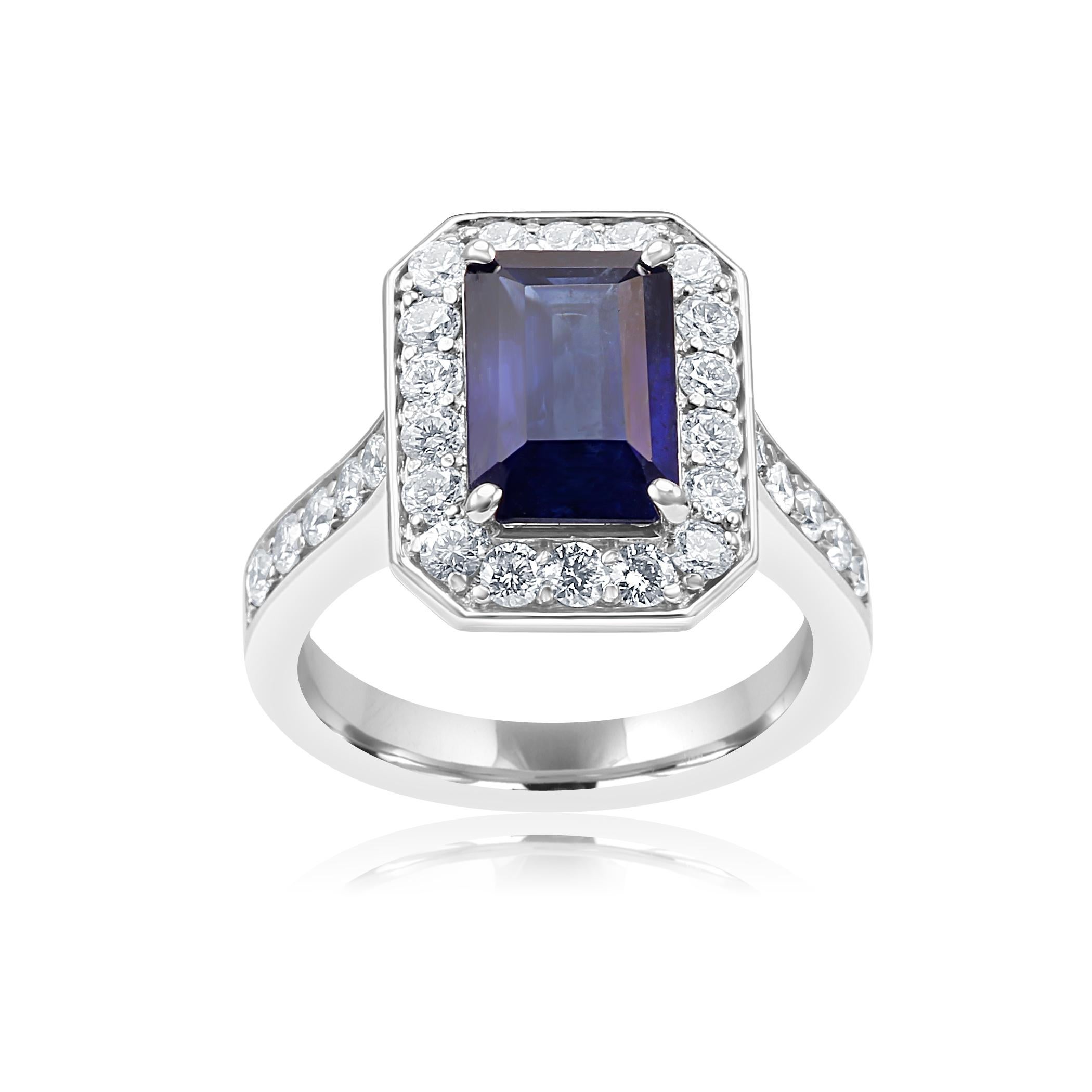 1 Blue Sapphire Emerald Cut 3.57 Carat encircled in single Halo of White G-H Color VS-SI Clarity Round Diamonds 1.10 Carat set in Stunning 18K White Gold Bridal Fashion Cocktail Ring.

Total Stone Weight  4.67 Carat
MADE IN USA
Style available in