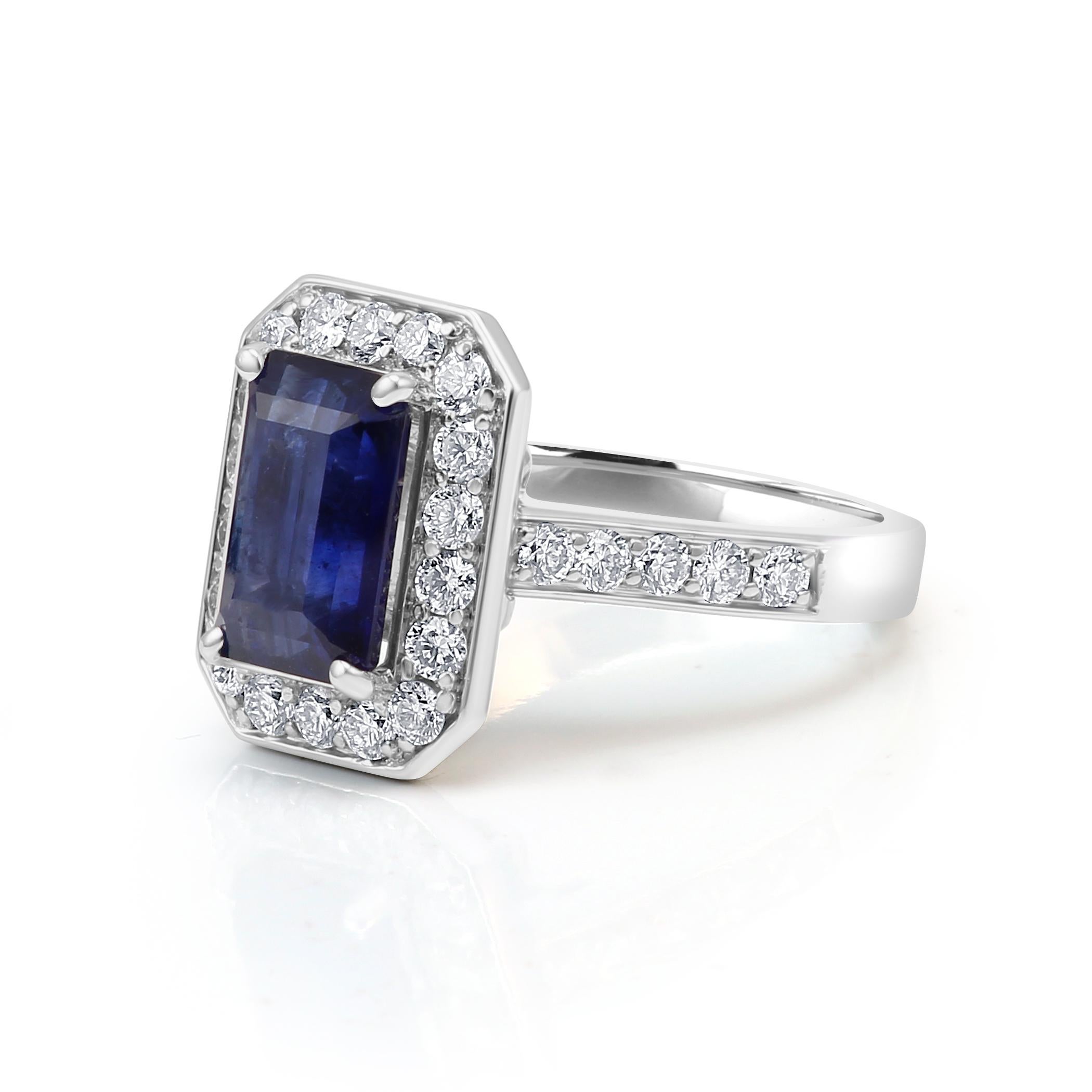 Modern Sapphire Emerald Cut White Round Diamond Halo Gold Bridal Fashion Cocktail Ring