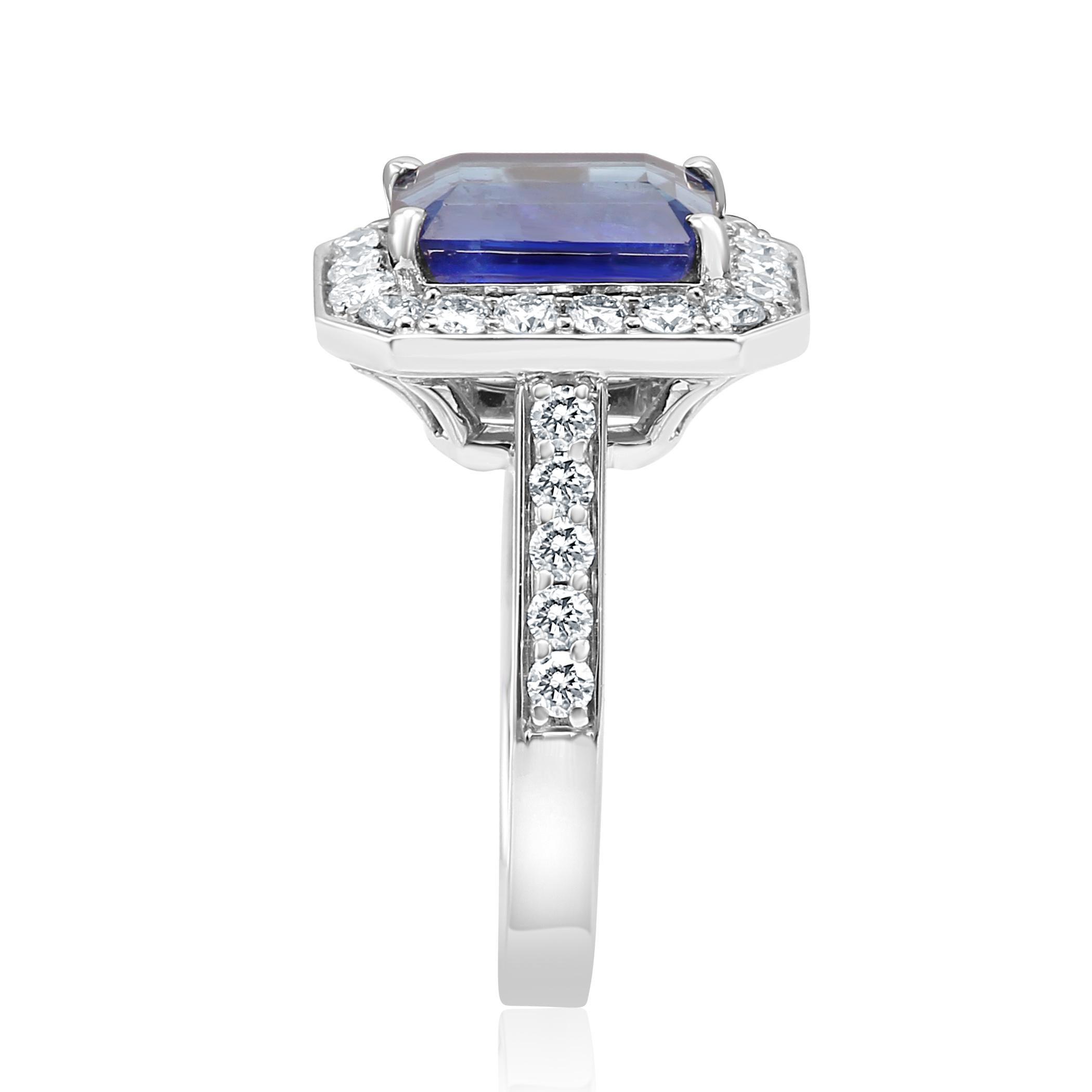 Sapphire Emerald Cut White Round Diamond Halo Gold Bridal Fashion Cocktail Ring In New Condition In NEW YORK, NY