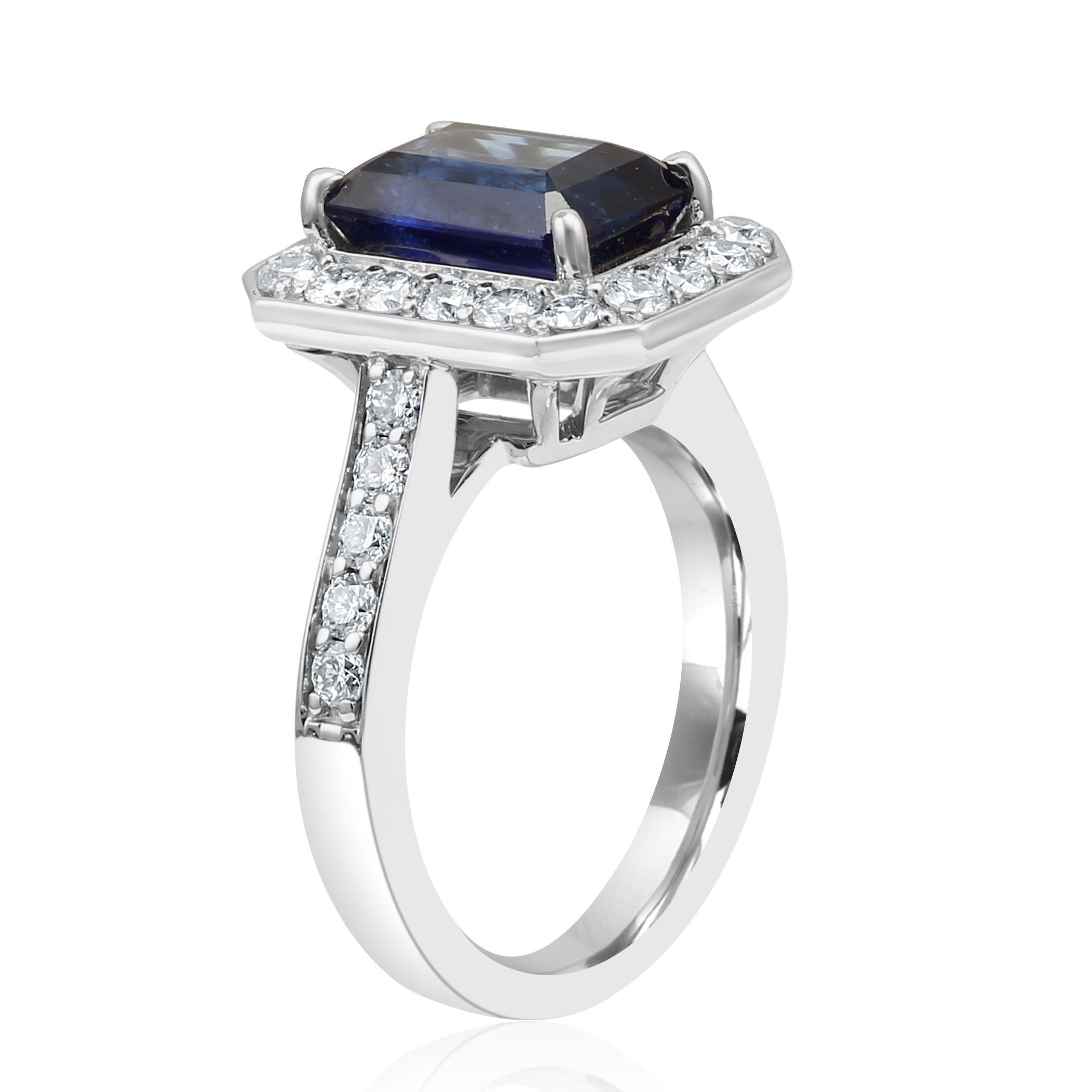 Women's or Men's Sapphire Emerald Cut White Round Diamond Halo Gold Bridal Fashion Cocktail Ring