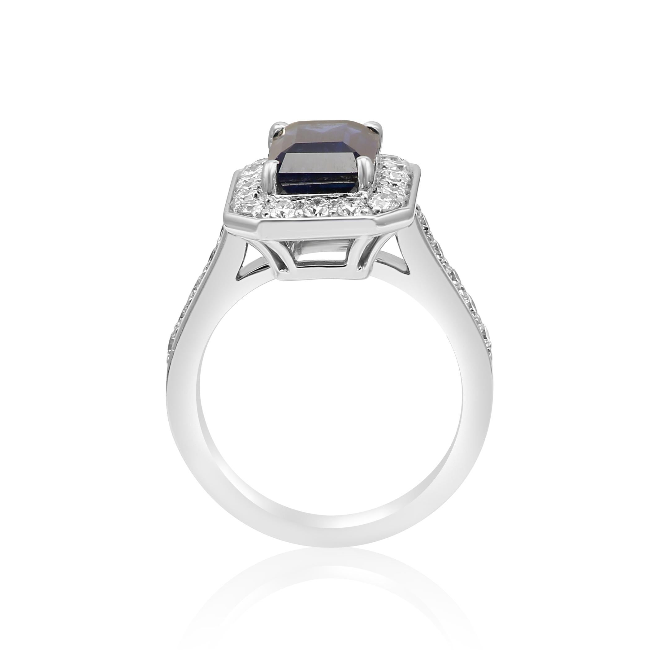 Sapphire Emerald Cut White Round Diamond Halo Gold Bridal Fashion Cocktail Ring 2