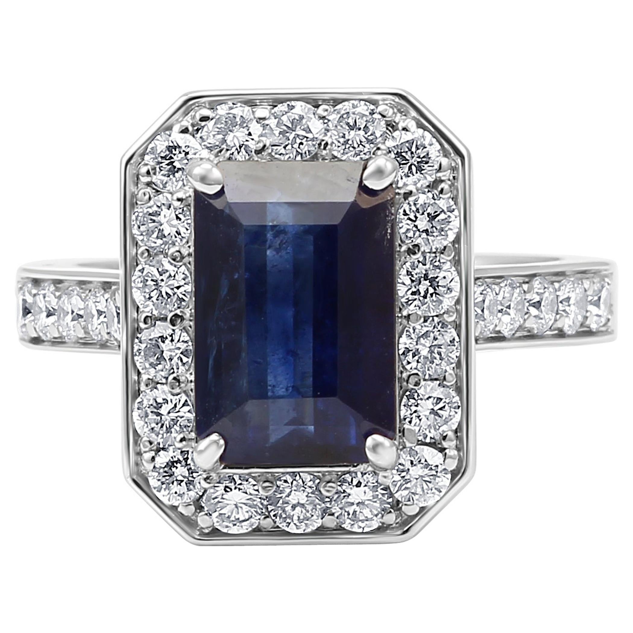 Sapphire Emerald Cut White Round Diamond Halo Gold Bridal Fashion Cocktail Ring
