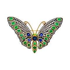 Sapphire Emerald Diamond 14K Yellow Gold Silver Top Butterfly