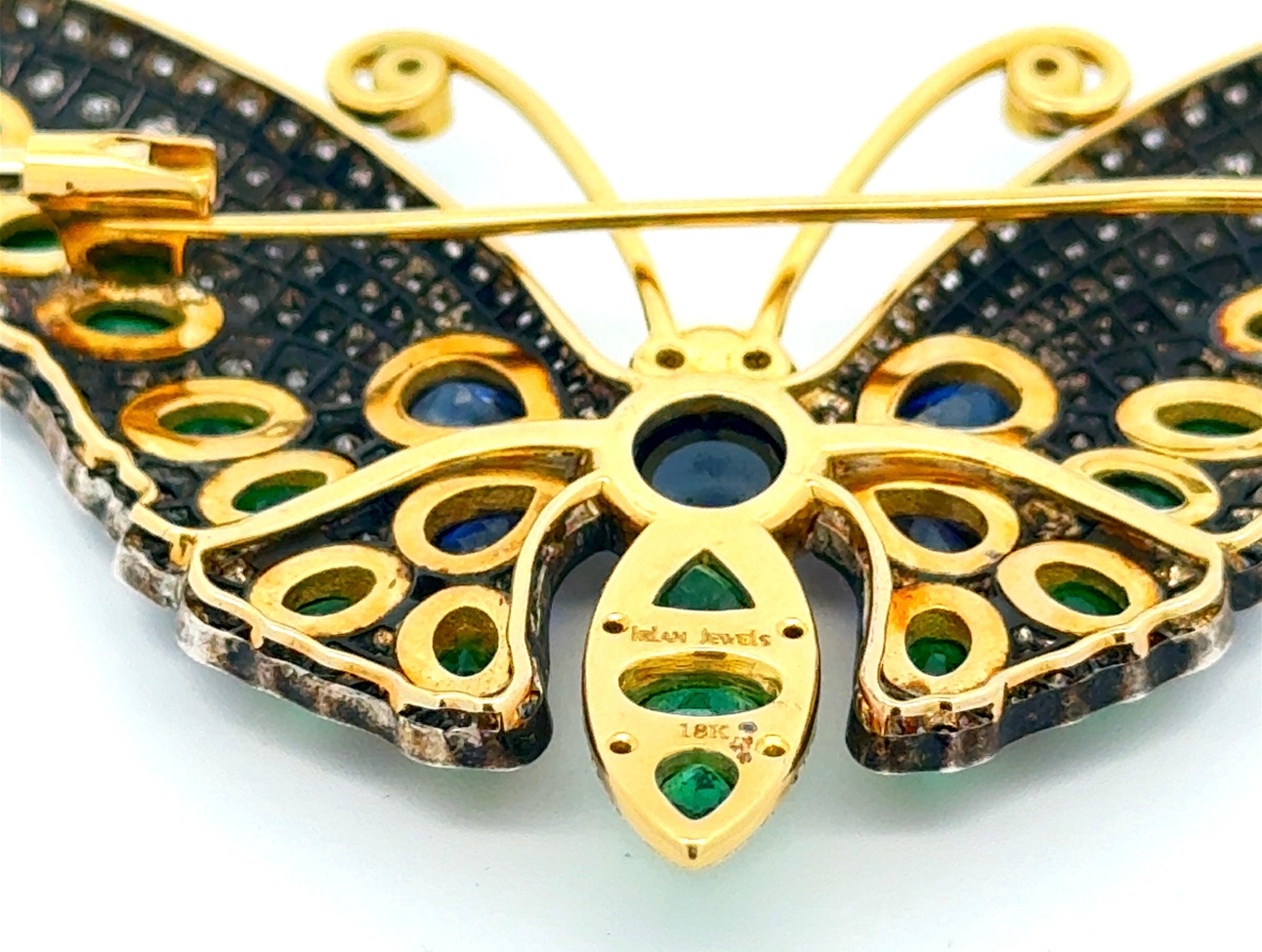 Cabochon Sapphire Emerald Diamond 14K Yellow Gold Silver Top Butterfly For Sale