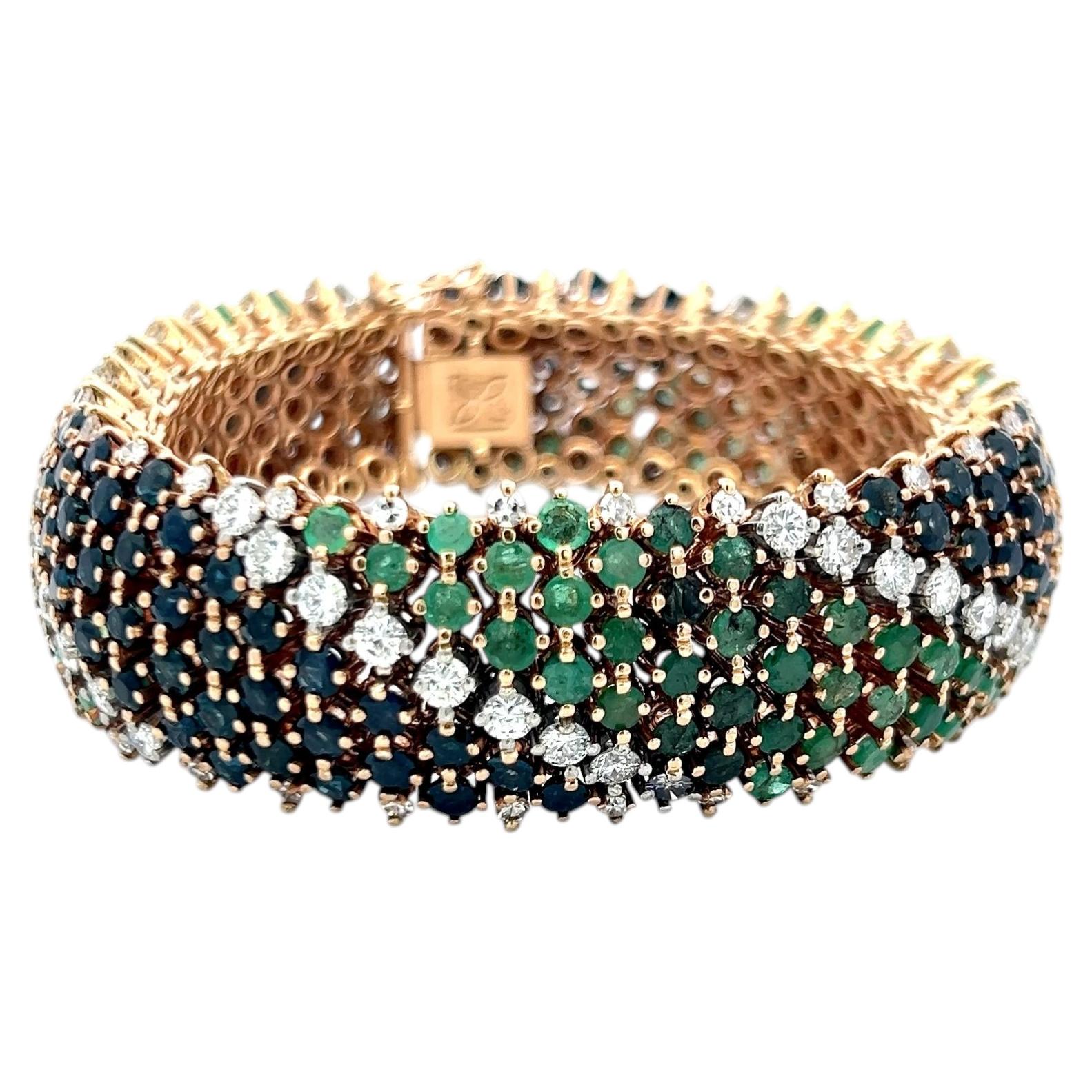 Sapphire, Emerald & Diamond 18K Yellow Gold Multi-Row Link Bracelet For Sale