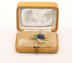 Sapphire Emerald Diamond Fly Brooch, 1930s, 4 Carats Sapphires, Boxed