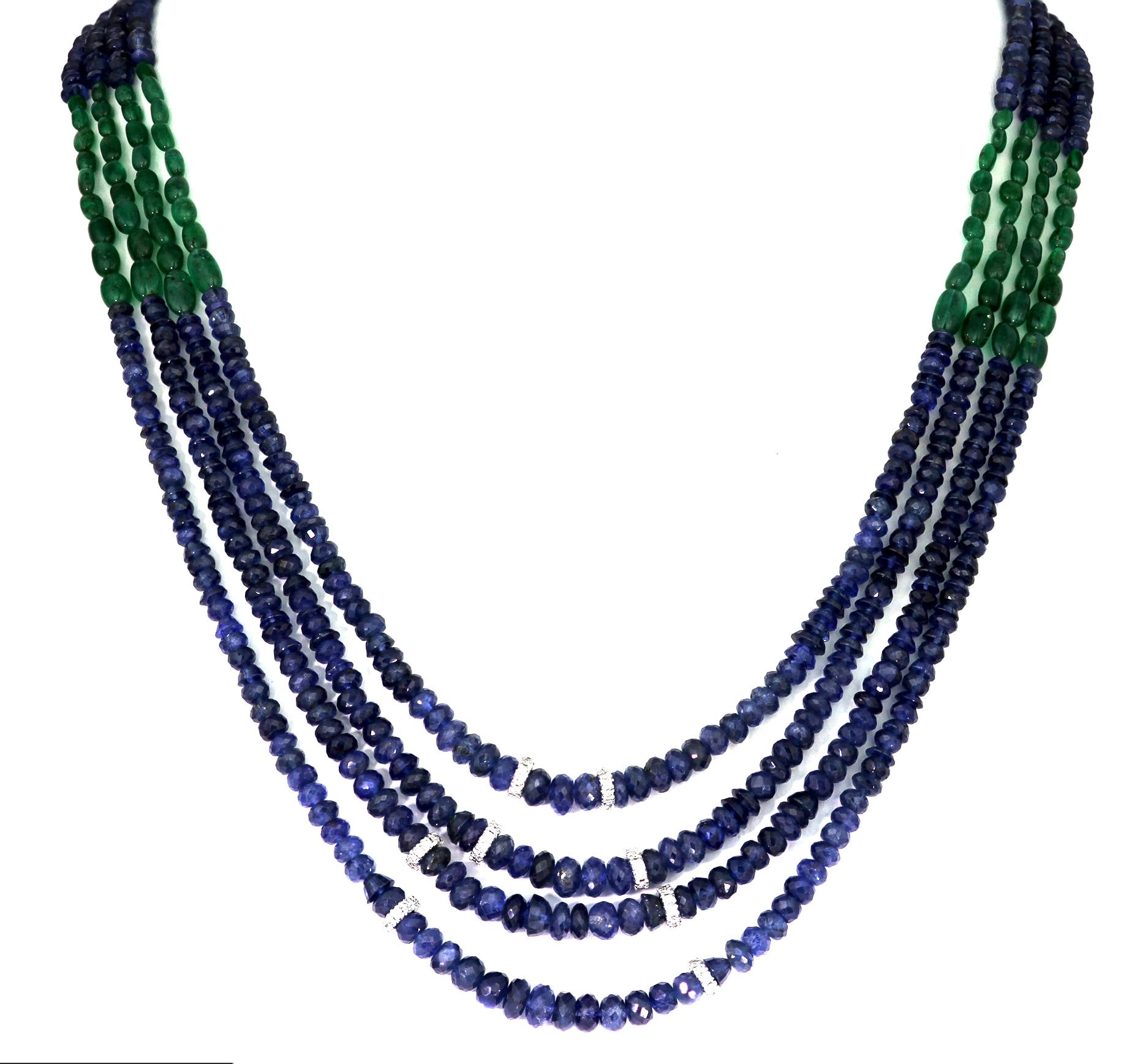 Modern Sapphire, Emerald and Diamond Four-Row Bead Necklace in 18 Carat White Gold For Sale