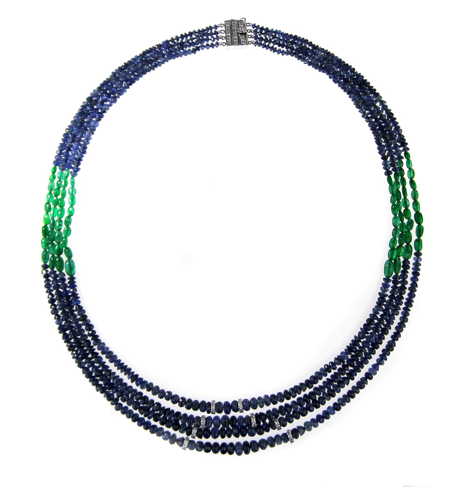 Sapphire, Emerald and Diamond Four-Row Bead Necklace in 18 Carat White Gold In New Condition For Sale In London, GB