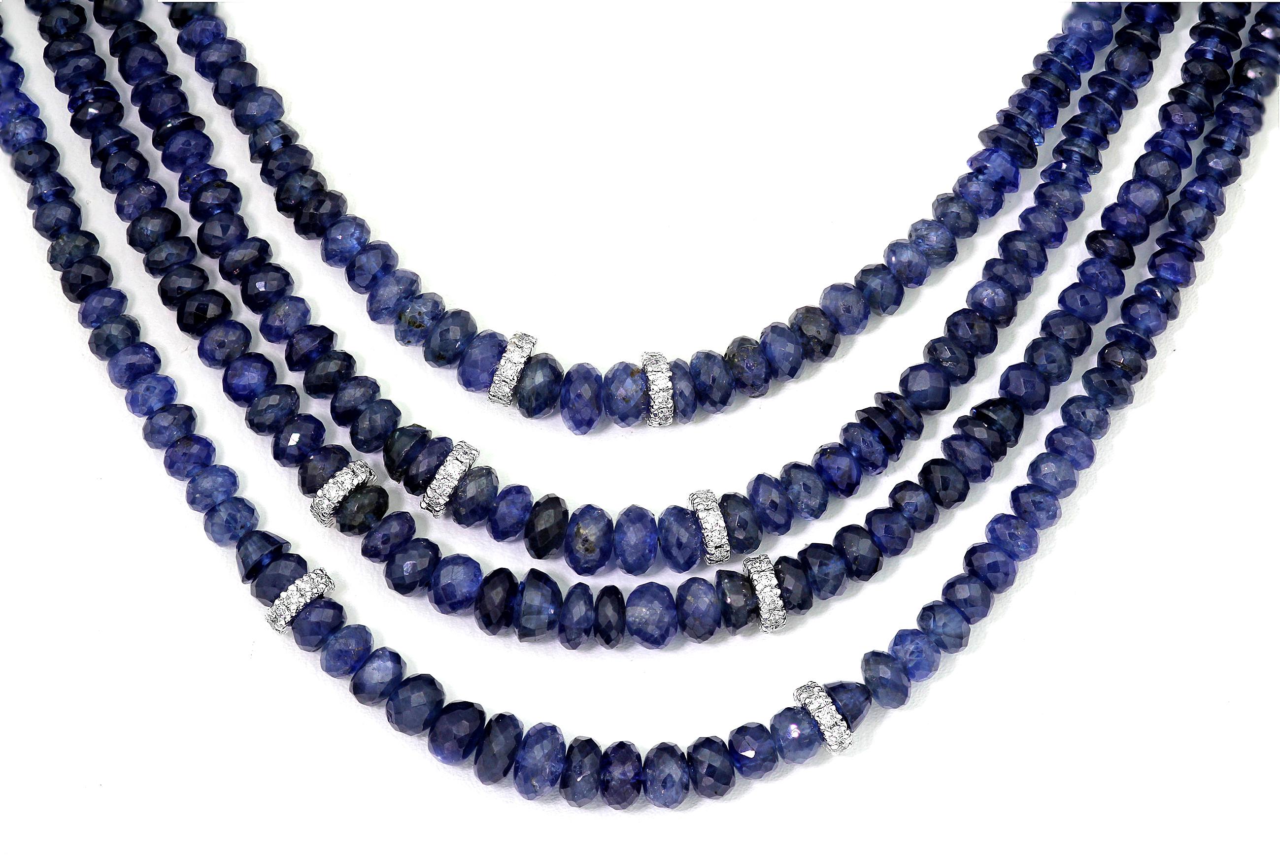 Women's Sapphire, Emerald and Diamond Four-Row Bead Necklace in 18 Carat White Gold For Sale