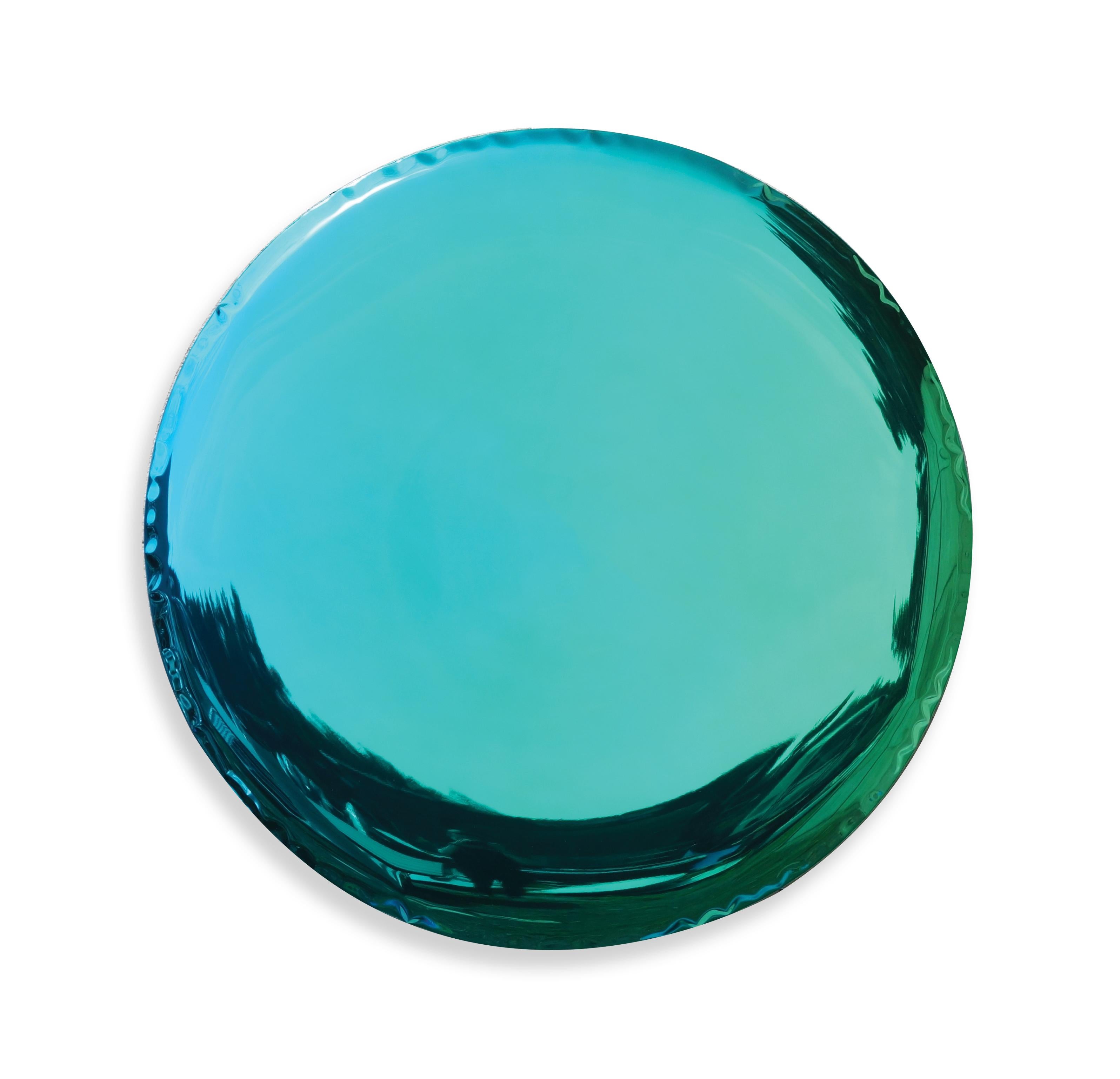 Sapphire Emerald Oko 150 sculptural wall mirror by Zieta
Dimensions: Diameter 150 x D 6 cm 
Material: Stainless steel. 
Finish: Saphire/Emerald.
Available in finishes: Stainless Steel, Deep Space Blue, Emerald, Saphire, Saphire/Emerald, Dark Matter,