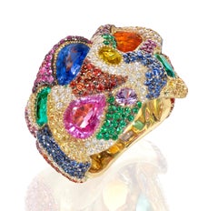 Rosior Sapphire, Emerald, Opal and Diamond One-off Cocktail Ring in Yellow Gold