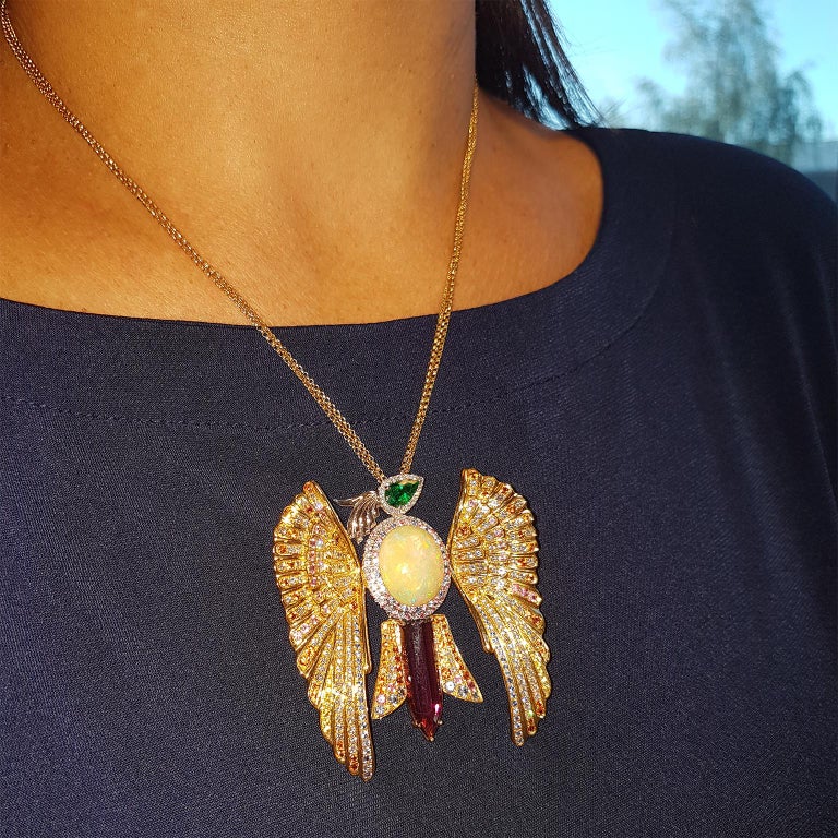 Sapphire Emerald Opal Rubelite White Diamond Gold Phoenix Pendant