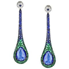Sapphire, Emerald Pendulum Multi-Gem Dangling Drop Earrings