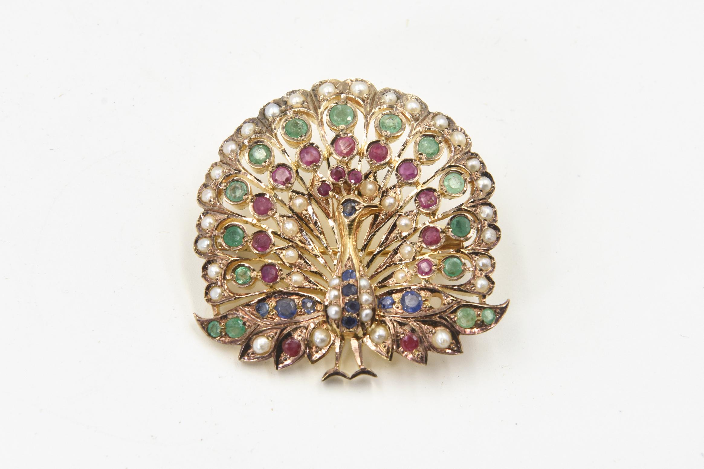 Women's or Men's Sapphire Emerald Ruby and Pearl Gold Peacock Brooch Pendant Necklace For Sale