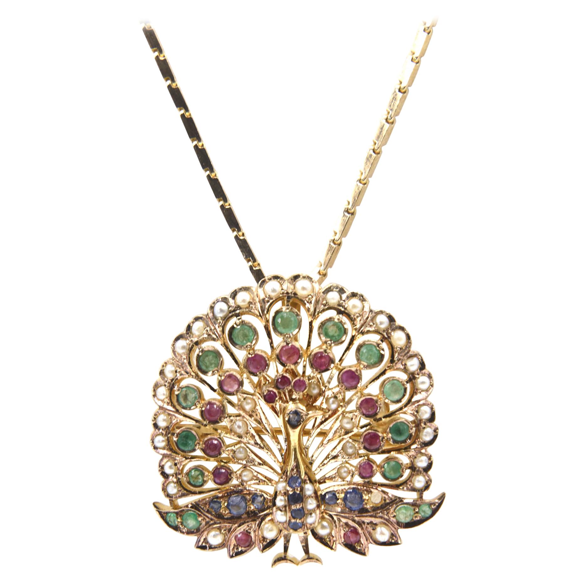 Sapphire Emerald Ruby and Pearl Gold Peacock Brooch Pendant Necklace