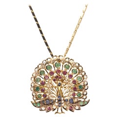 Vintage Sapphire Emerald Ruby and Pearl Gold Peacock Brooch Pendant Necklace