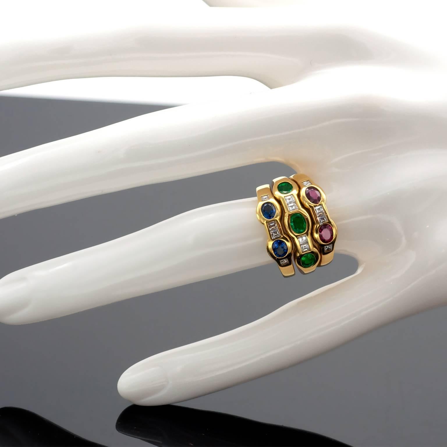 Contemporary Sapphire Emerald Ruby Diamond Band Ring