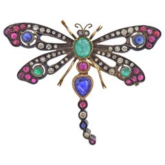 Sapphire Emerald Ruby Diamond Gold Silver Dragonfly Brooch