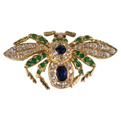 Saphir-Smaragd-Rubin-Diamant-Altschliff-Edelstein-Insektenbrosche in 18K Gelbgold