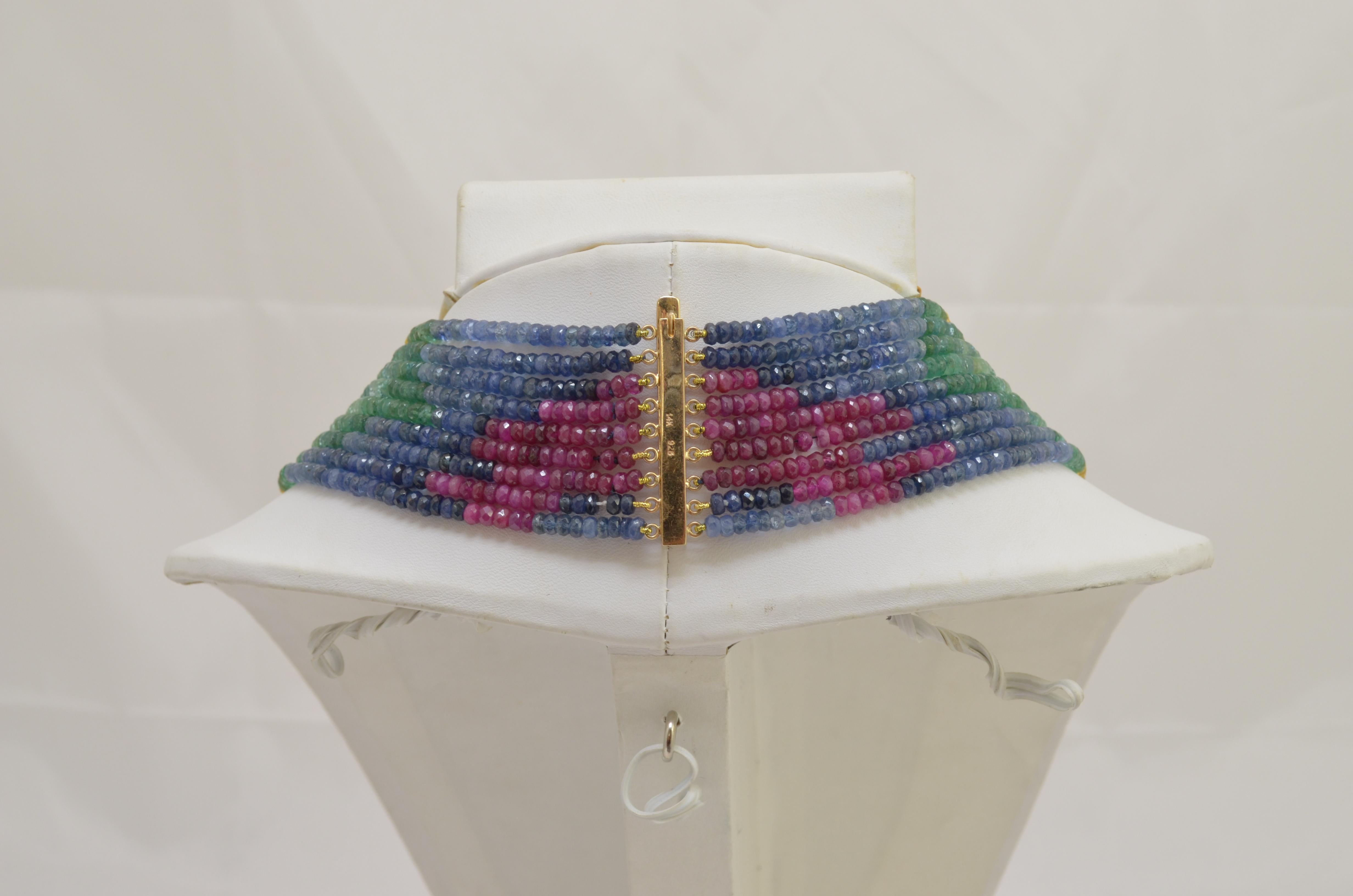 Sapphire, Emerald, Ruby Faceted 9-Strand Beaded Necklace In Excellent Condition In Carmel, CA
