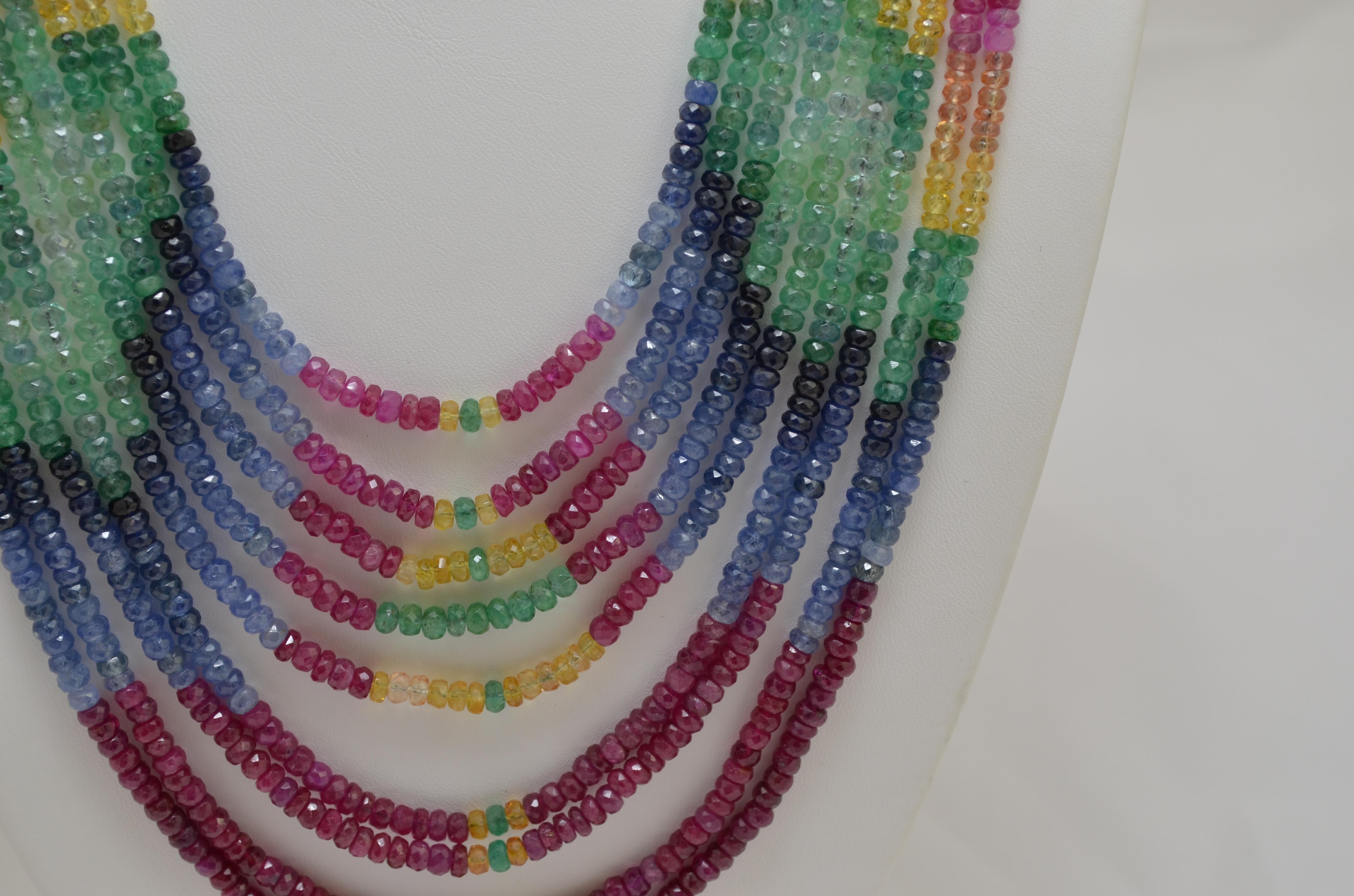 Sapphire, Emerald, Ruby Faceted 9-Strand Beaded Necklace 1