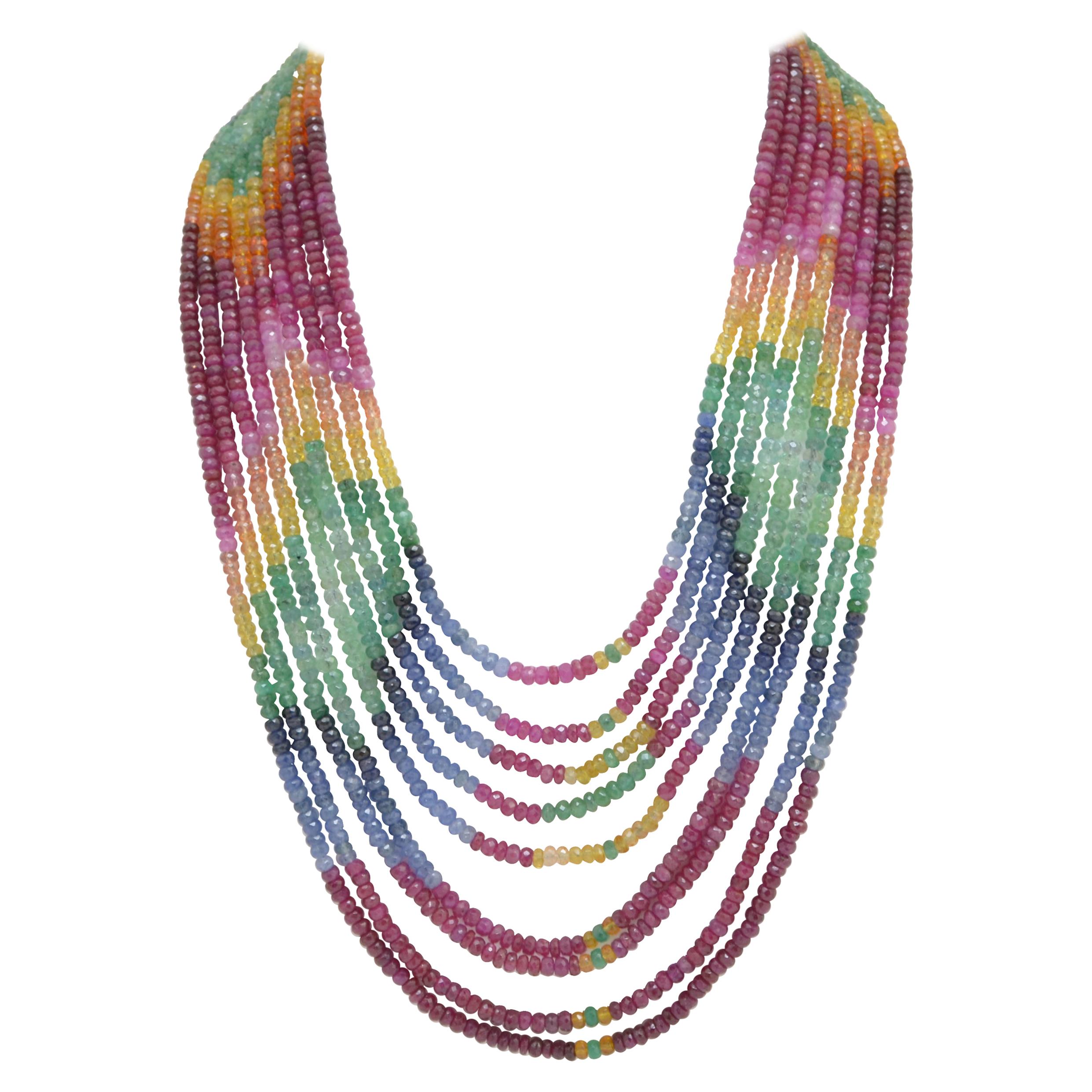 Sapphire, Emerald, Ruby Faceted 9-Strand Beaded Necklace