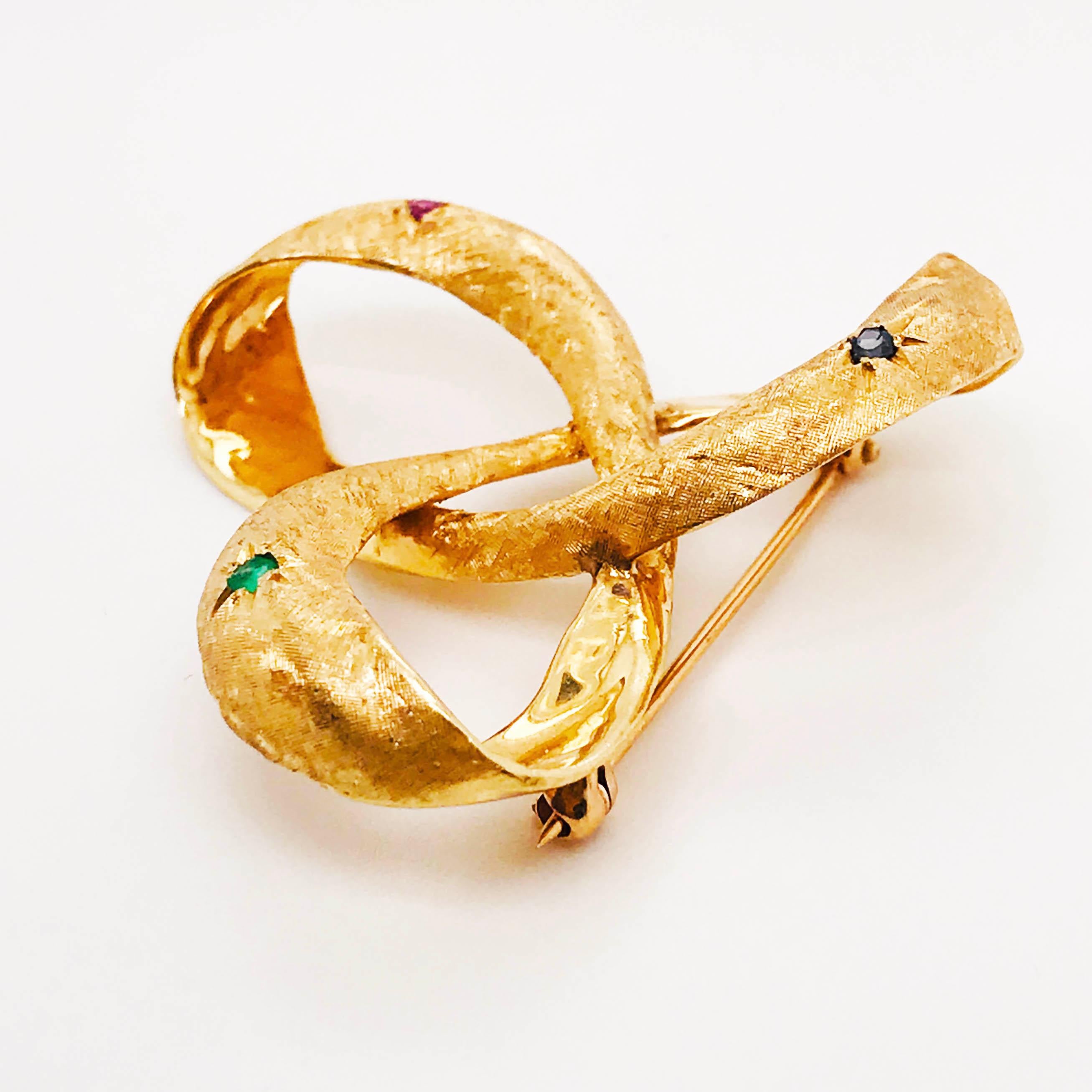 Artisan Gemstone Ribbon Brooch, Sapphire, Emerald, Ruby, Florentine Finish Pin, 14k Gold