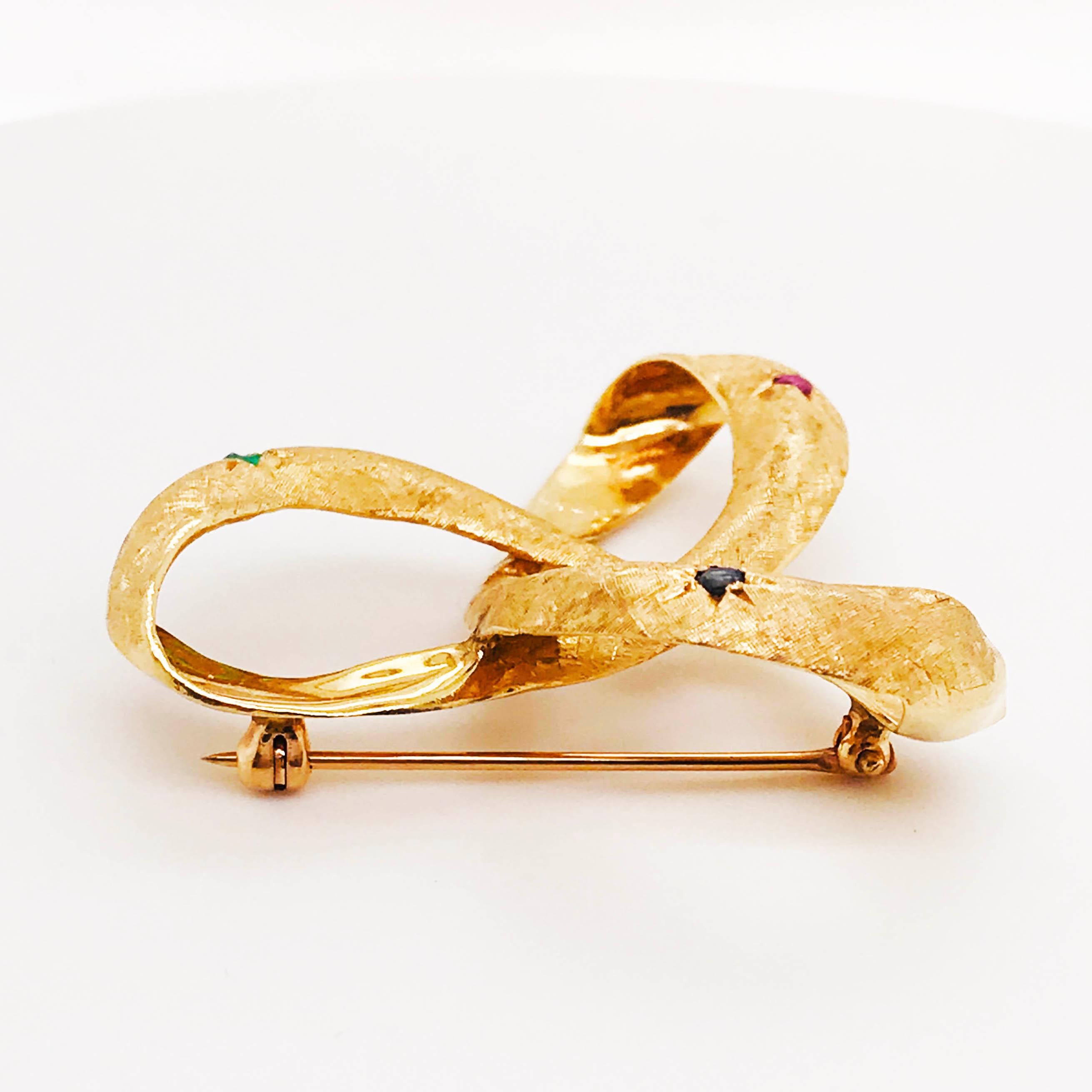 Round Cut Gemstone Ribbon Brooch, Sapphire, Emerald, Ruby, Florentine Finish Pin, 14k Gold