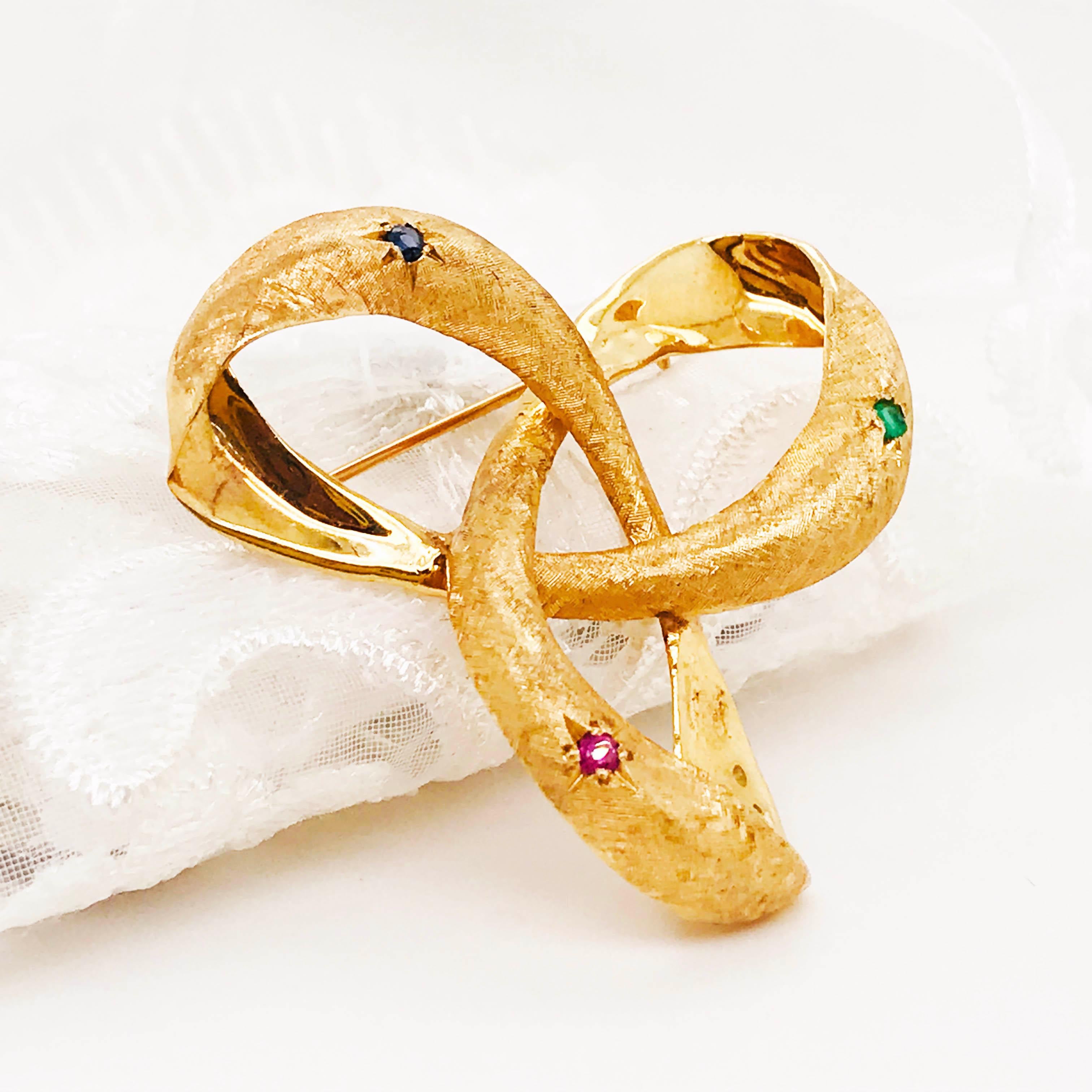 Women's Gemstone Ribbon Brooch, Sapphire, Emerald, Ruby, Florentine Finish Pin, 14k Gold