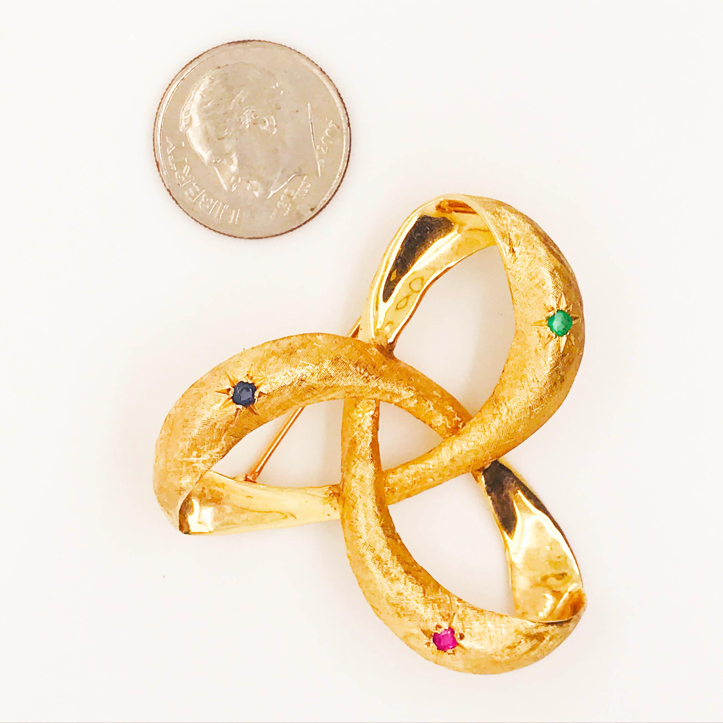 Gemstone Ribbon Brooch, Sapphire, Emerald, Ruby, Florentine Finish Pin, 14k Gold 1