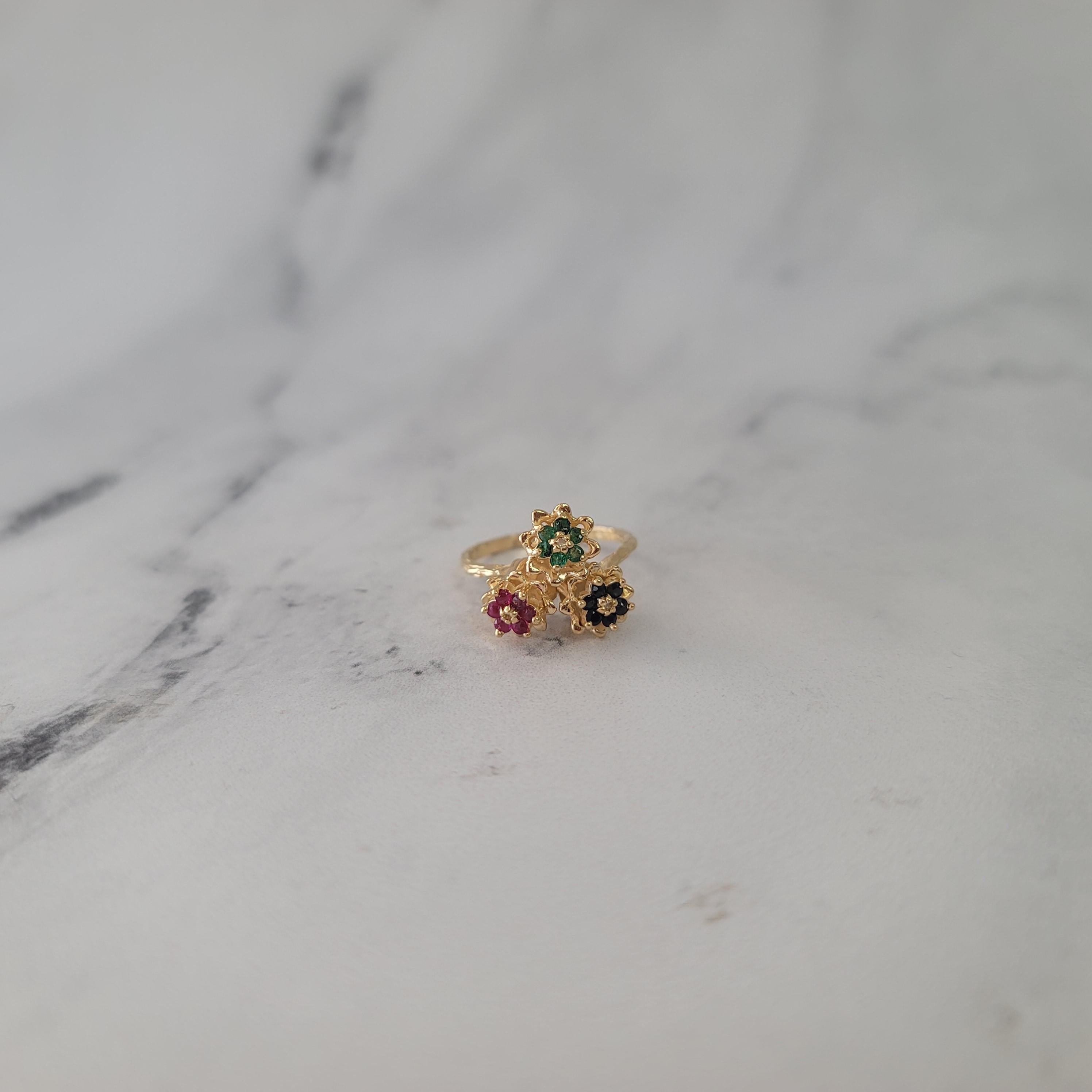 da uomo o donna Anello con fiore a tulipano in zaffiro, smeraldo e rubino - Anello vintage anni '80 in vendita