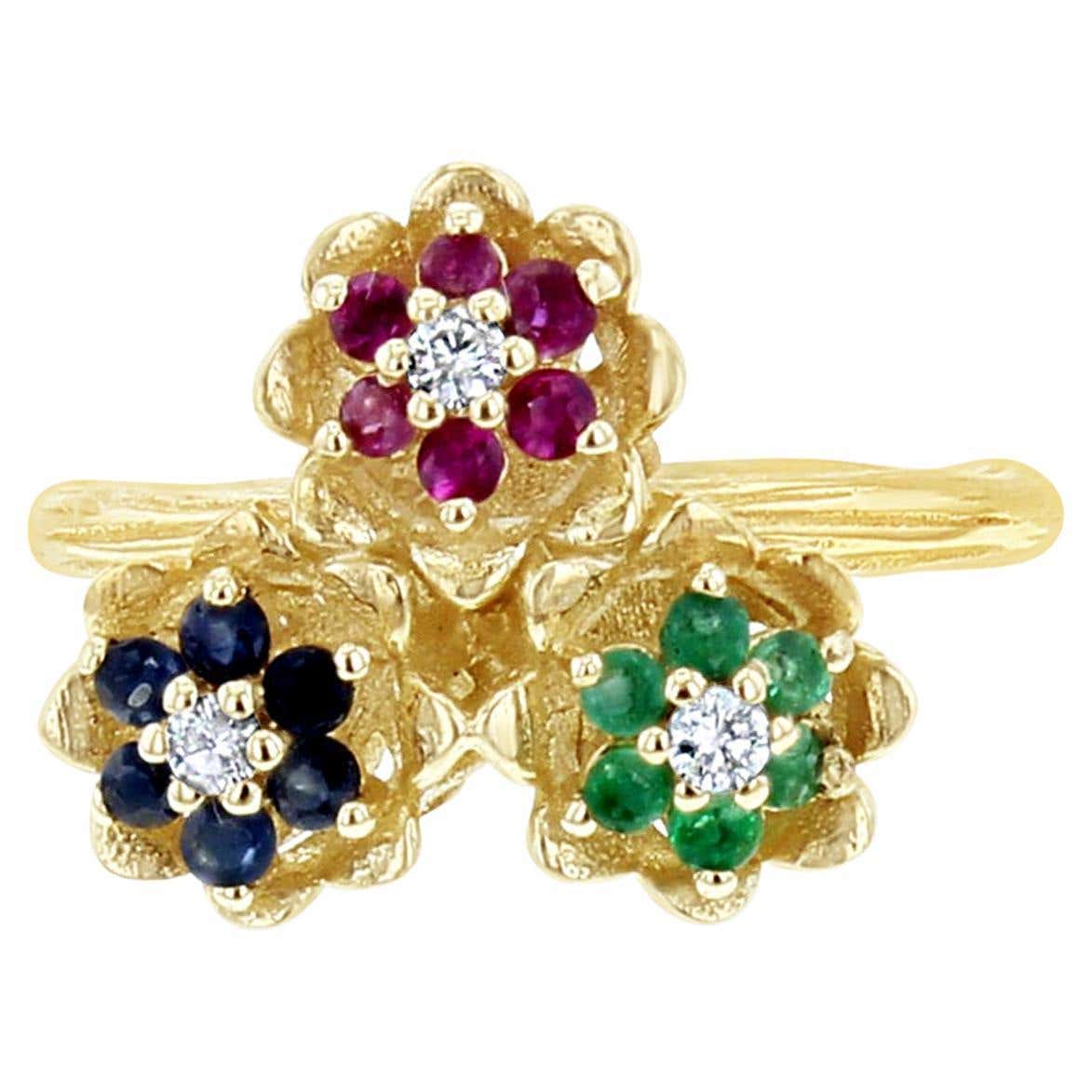 Sapphire, Emerald, Ruby Tulip Flower Ring - Vintage 1980s ring For Sale ...