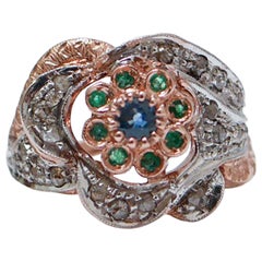 Sapphire, Emeralds, Diamonds, Rose Gold and Silver Ring.