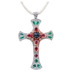 Sapphire, Emeralds, Rubies, Diamonds, Gold and Silver Cross Pendant Necklalace