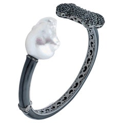 Sapphire-Encrusted Bone and Baroque Pearl Cuff Bracelet in Sterling Silver