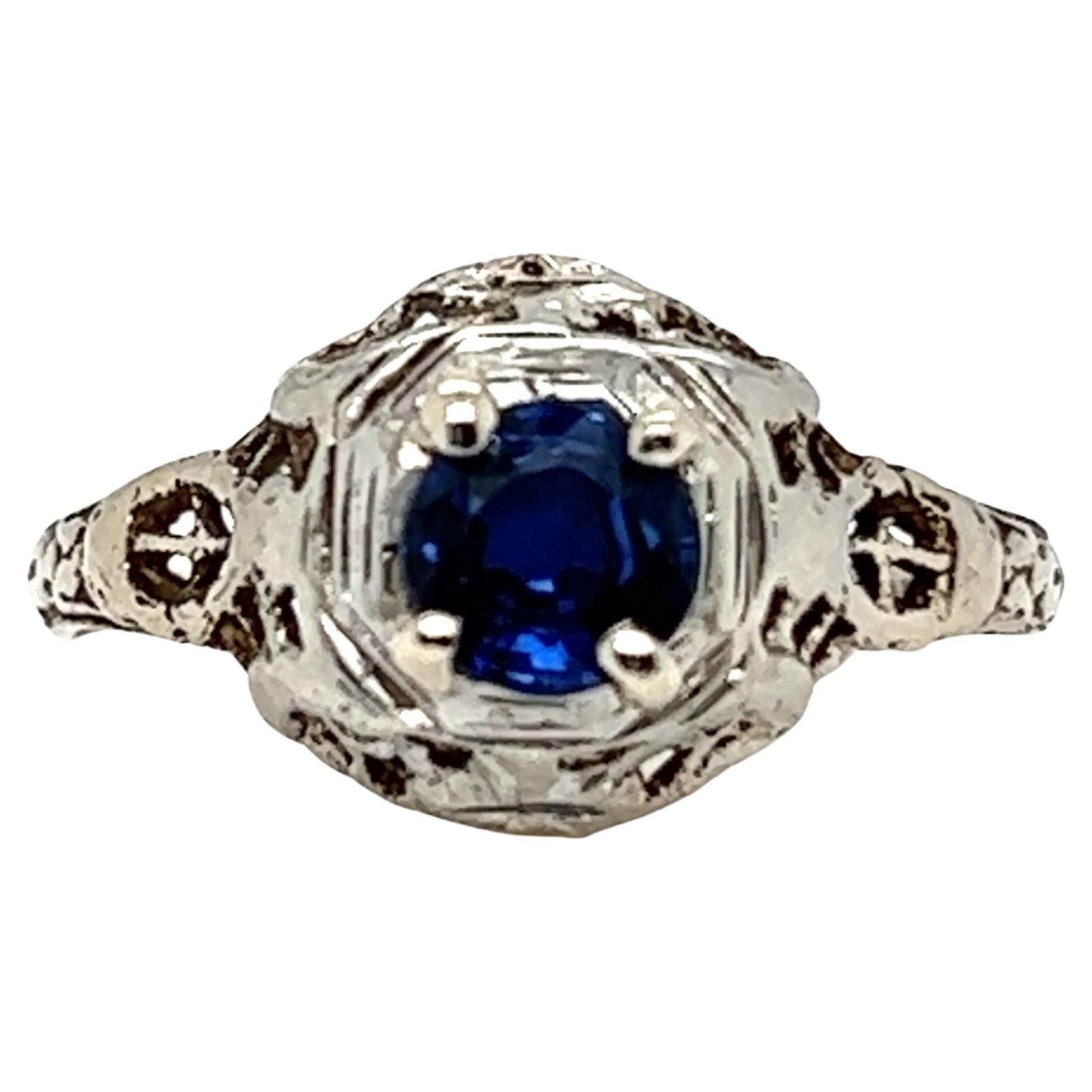 Art Deco Sapphire Ring 1/2ct Original 1920's Antique Hand Engraved 18K For Sale