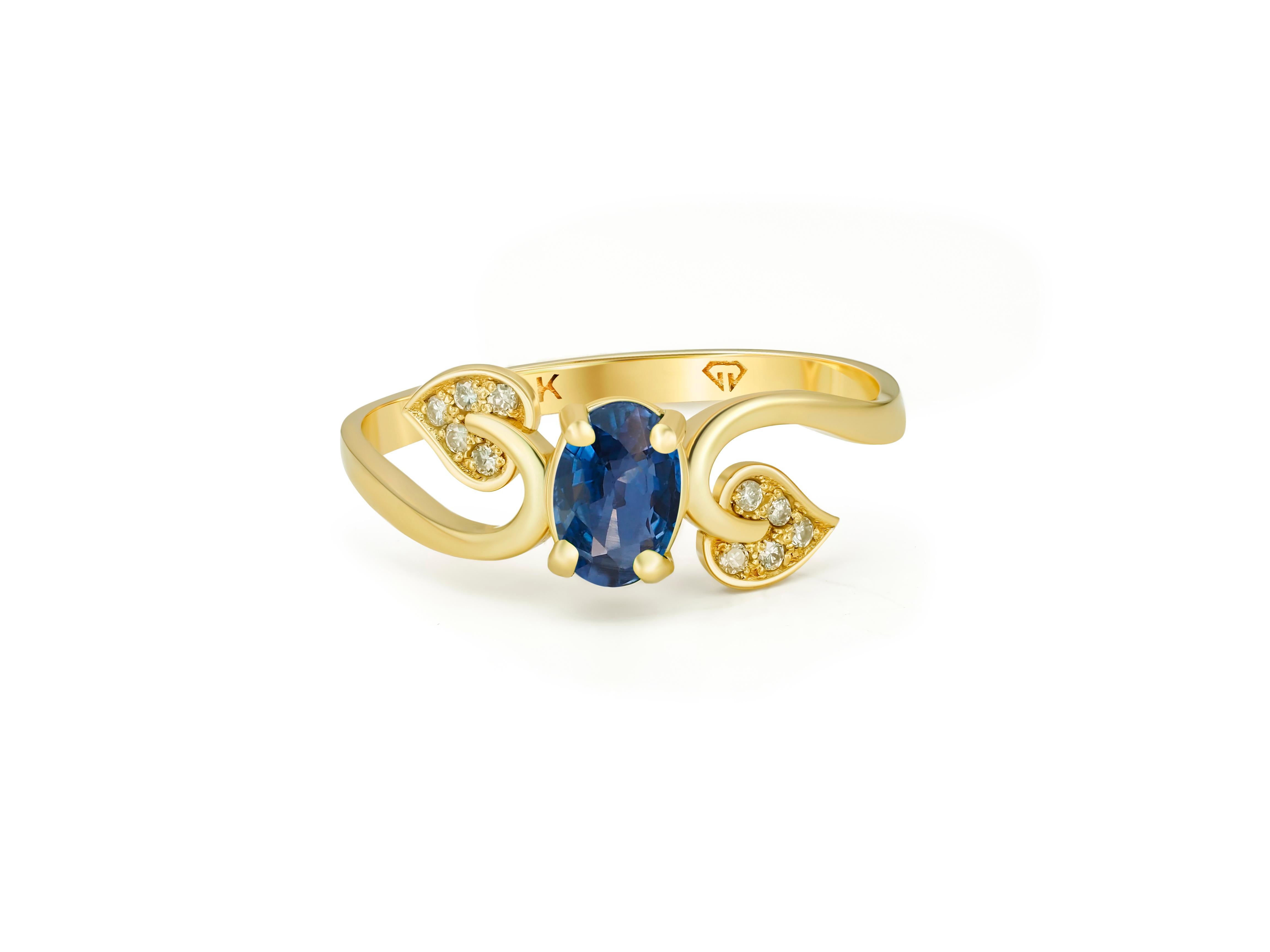Sapphire engagement ring. 
Sapphire vintage ring. Genuine Sapphire 14k gold ring. Sapphire gold ring. December birthstone ring.

Metal: 14kt solid gold
Total weight: 1.8 gr (depends from size).

Central gemstone: Natural Sapphire
Color: blue
Oval