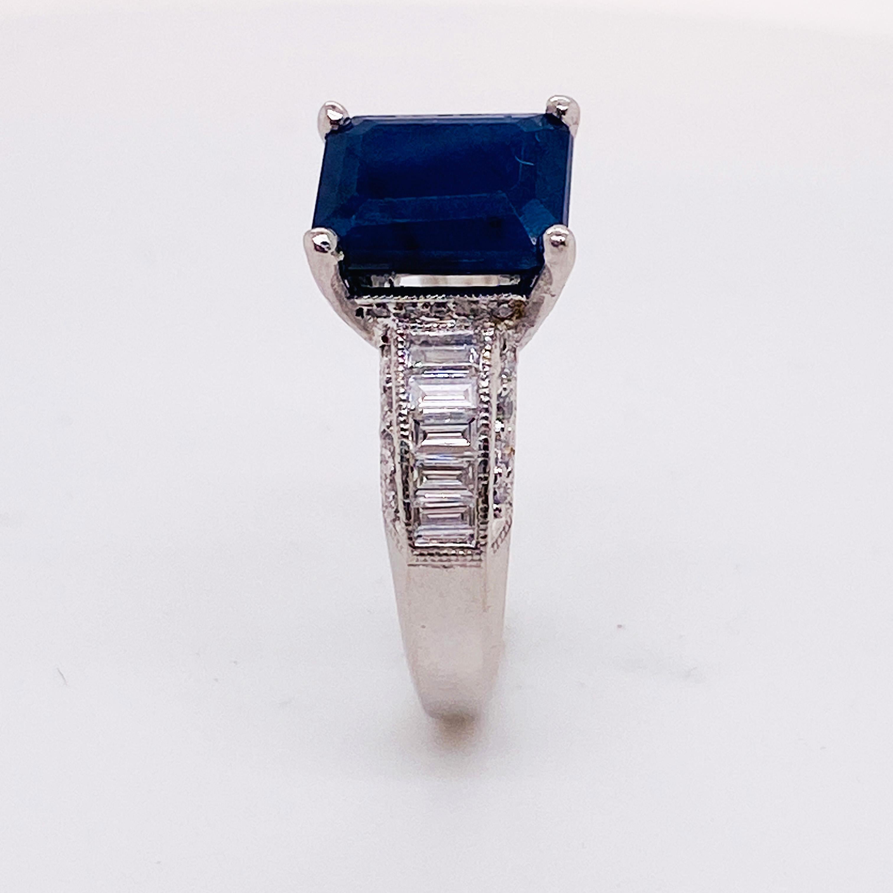 Emerald Cut Sapphire Engagement Ring with Diamond Band in Platinum, circa 1998