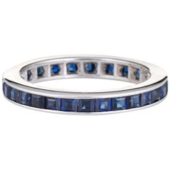 Sapphire Eternity Ring Blue Box Cut 14 Karat White Gold Estate Vintage Jewelry