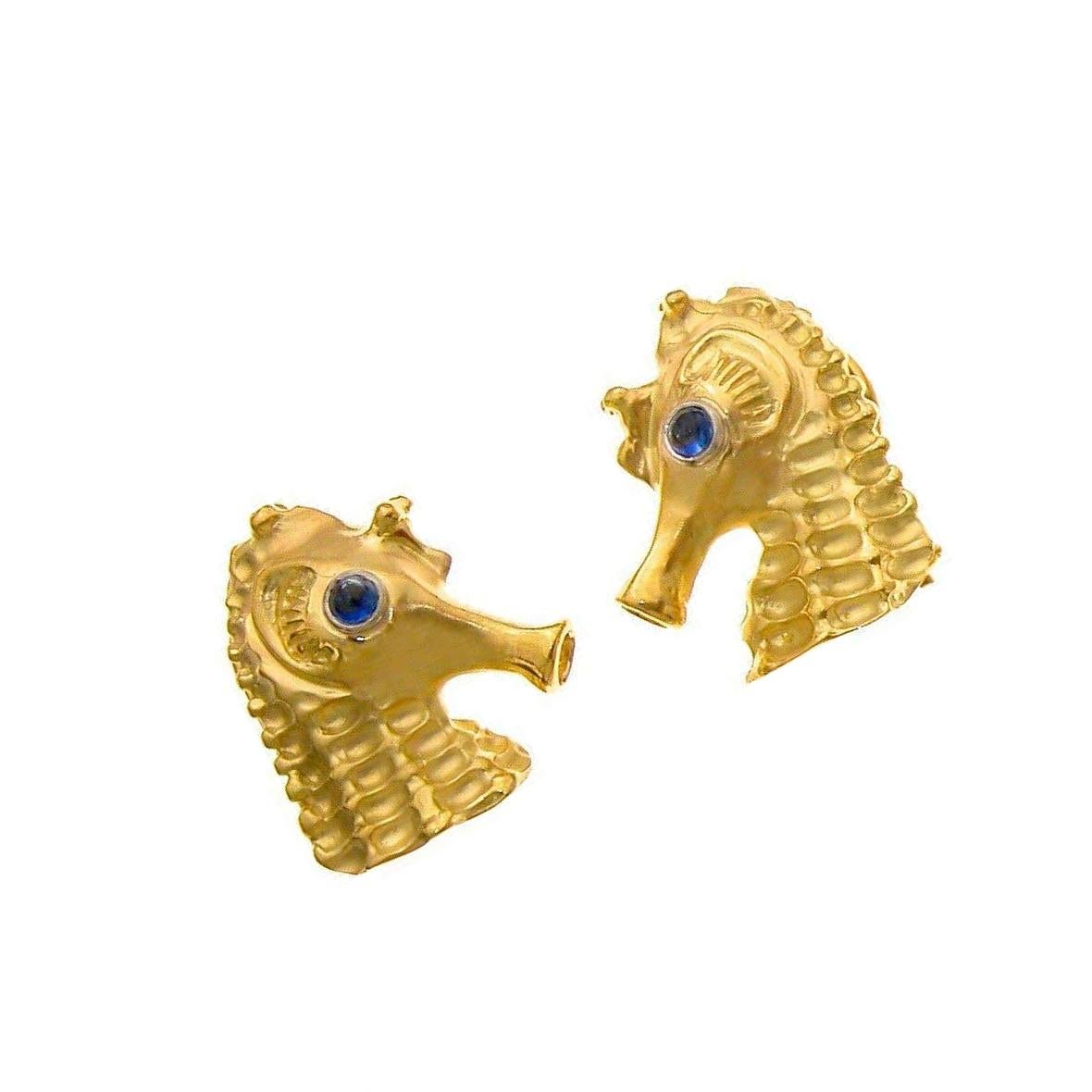 Sapphire Eyes 18 Karat Gold SEAHORSE Cufflinks by John Landrum Bryant In New Condition For Sale In New York, NY