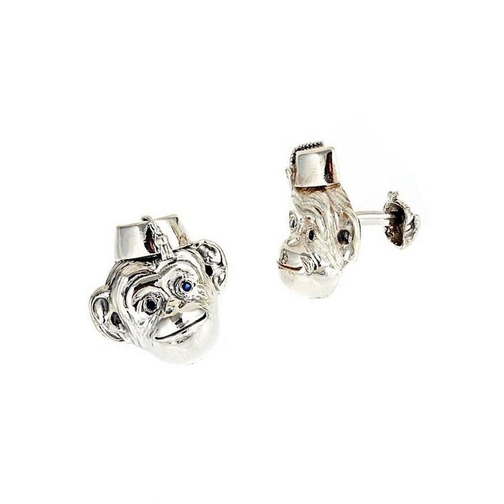 Contemporary Sapphire Eyes Sterling Silver Monkey in Hat Cufflinks by John Landrum Bryant For Sale