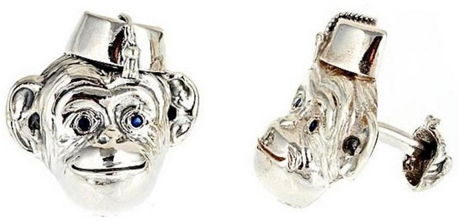 Sapphire Eyes Sterling Silver Monkey in Hat Cufflinks by John Landrum Bryant In New Condition For Sale In New York, NY