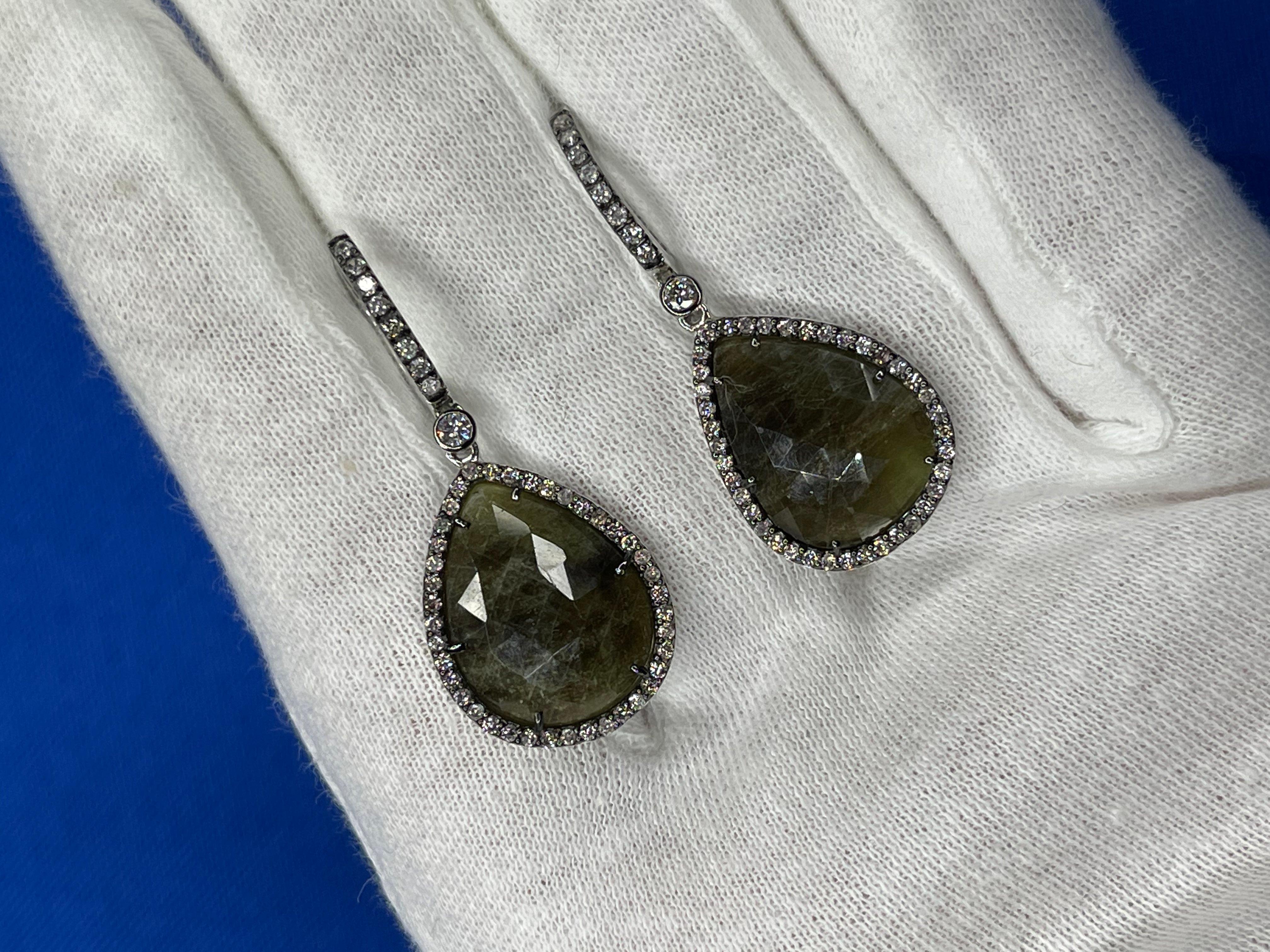 Sapphire Faceted Cabochon Slice Diamond Halo Drop 18 Karat White Gold Earrings 4