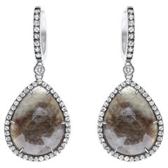 Sapphire Faceted Cabochon Slice Diamond Halo Drop 18 Karat White Gold Earrings